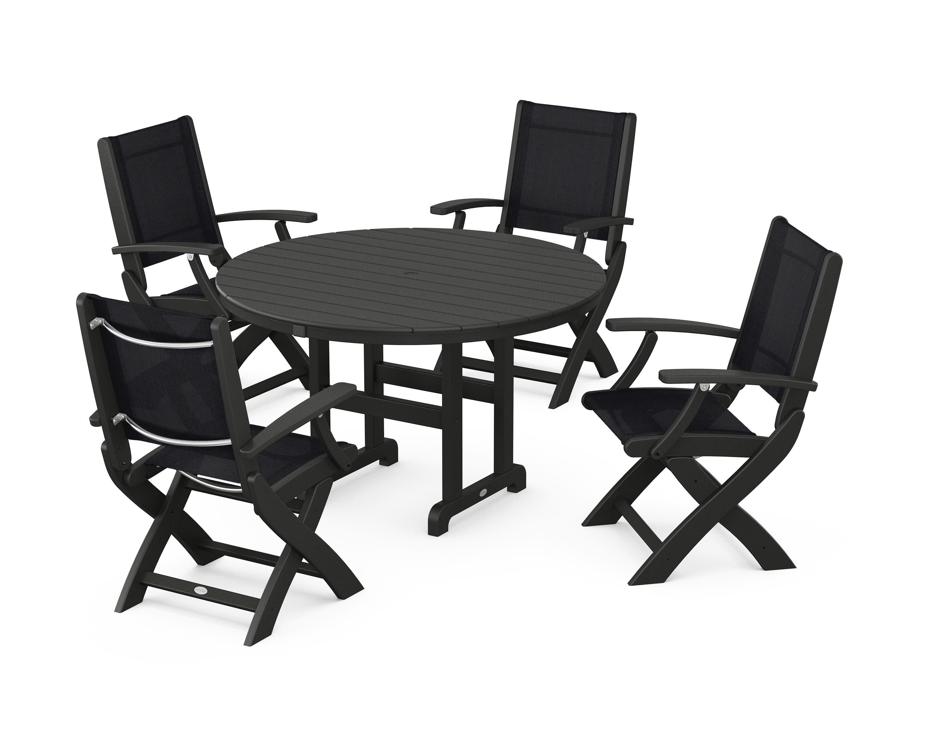 Coastal Folding Chair 5-Piece Round Dining Set in Black / Black Sling