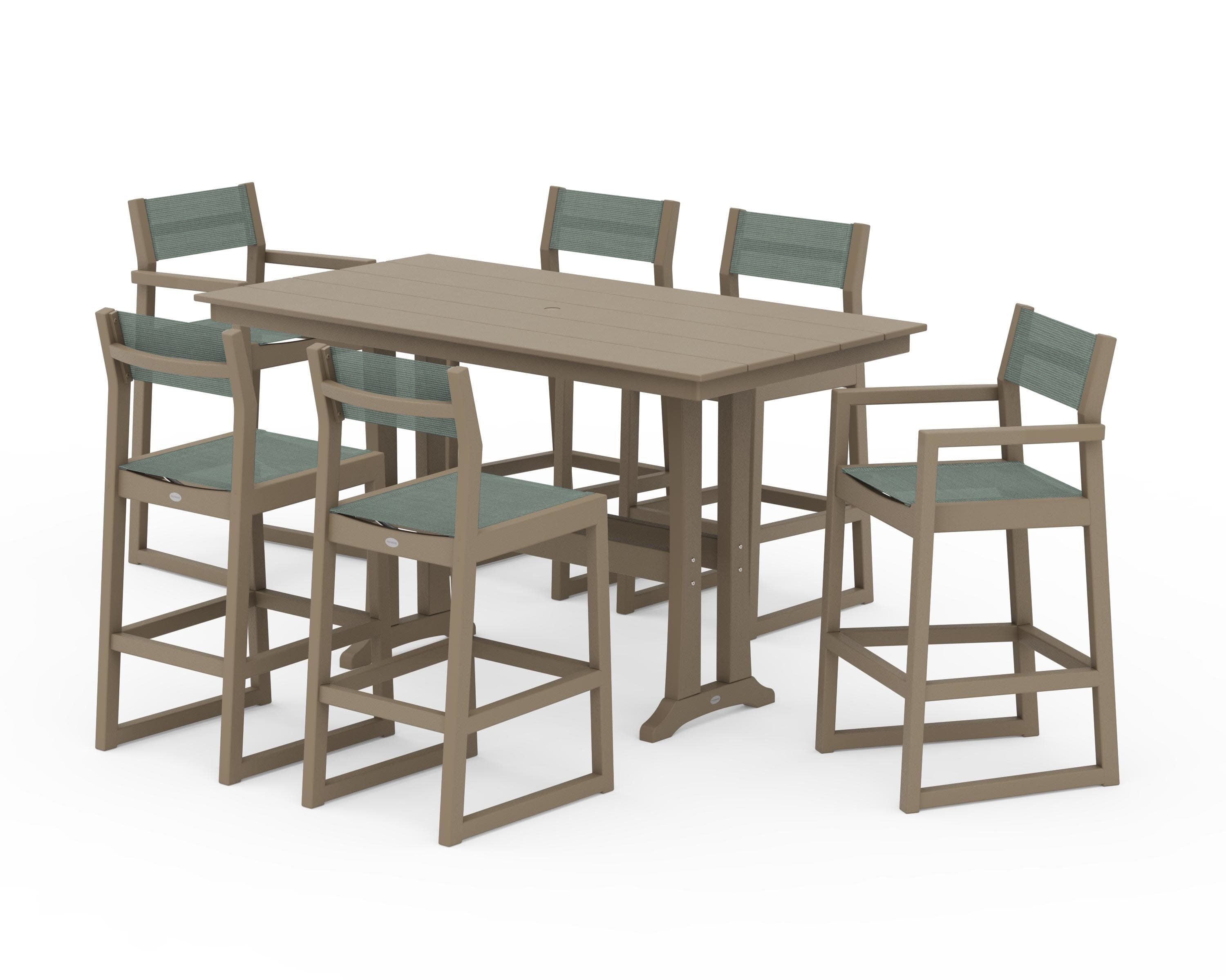 EDGE Sling 7-Piece Farmhouse Bar Set with Trestle Legs in Vintage Sahara / Dupioni Sea Mist Sling