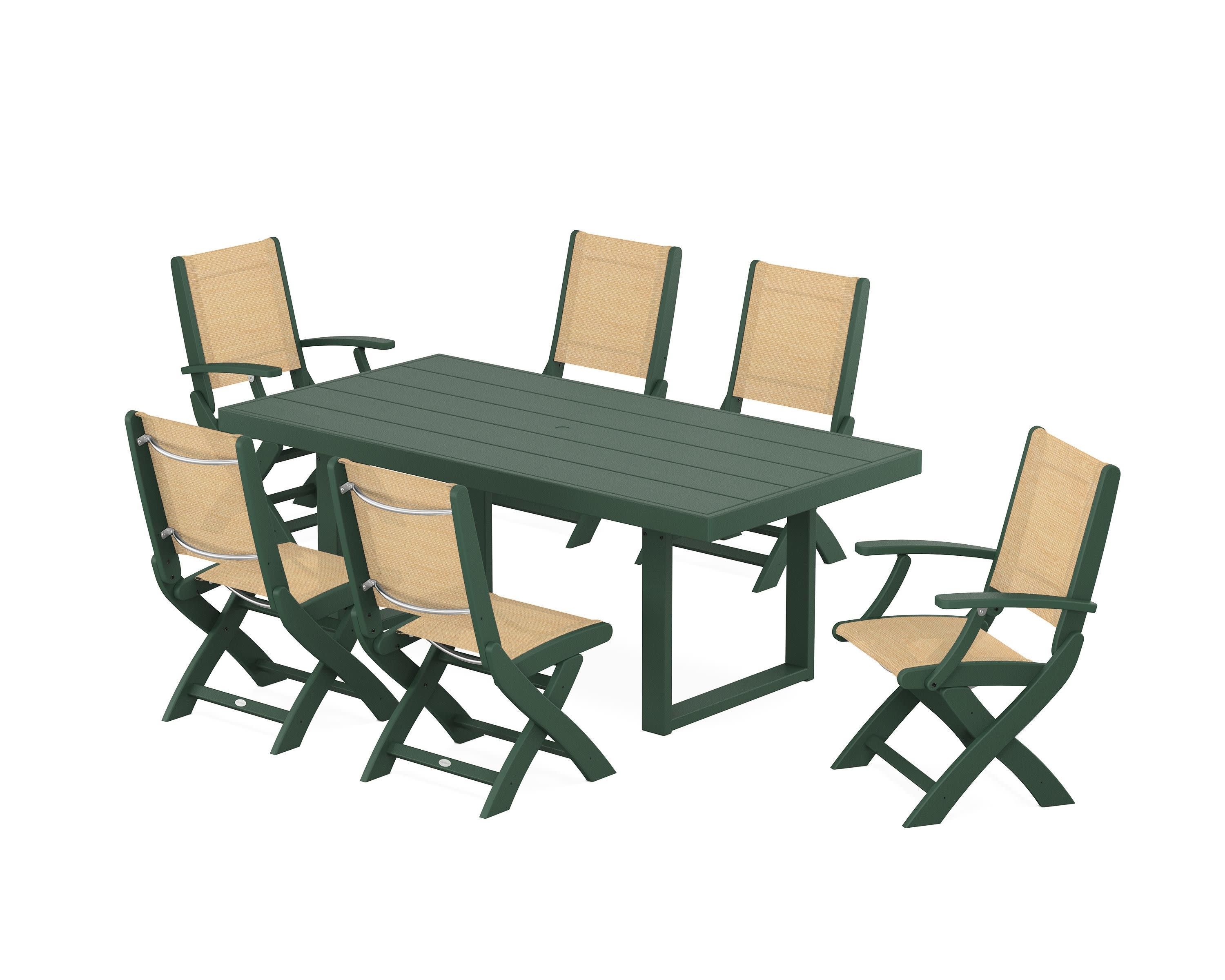 Coastal Folding Chair 7-Piece Dining Set with Trestle Legs in Green / Dupioni Apricot Sling
