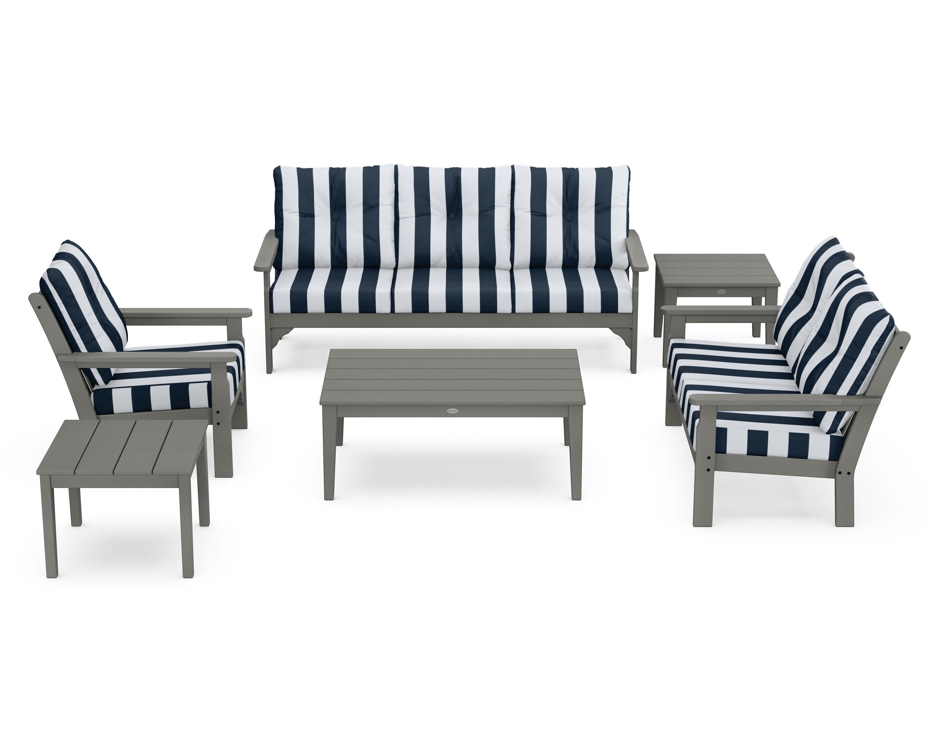 Vineyard 6-Piece Deep Seating Set in Slate Grey / Cabana Stripe Marine Indigo