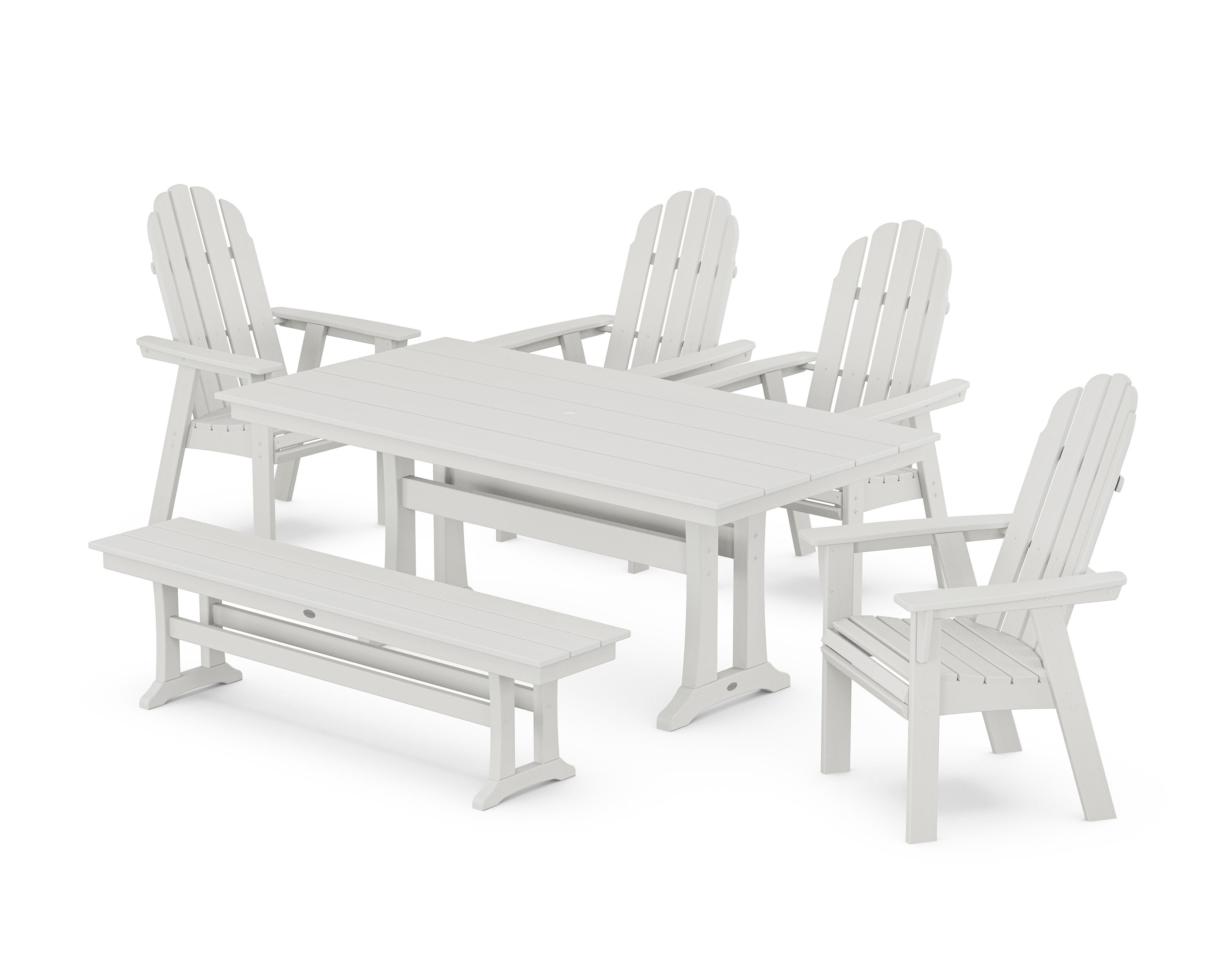 Vineyard Curveback Adirondack Chair 6-Piece Farmhouse Dining Set with Trestle Legs and Bench in Vintage White