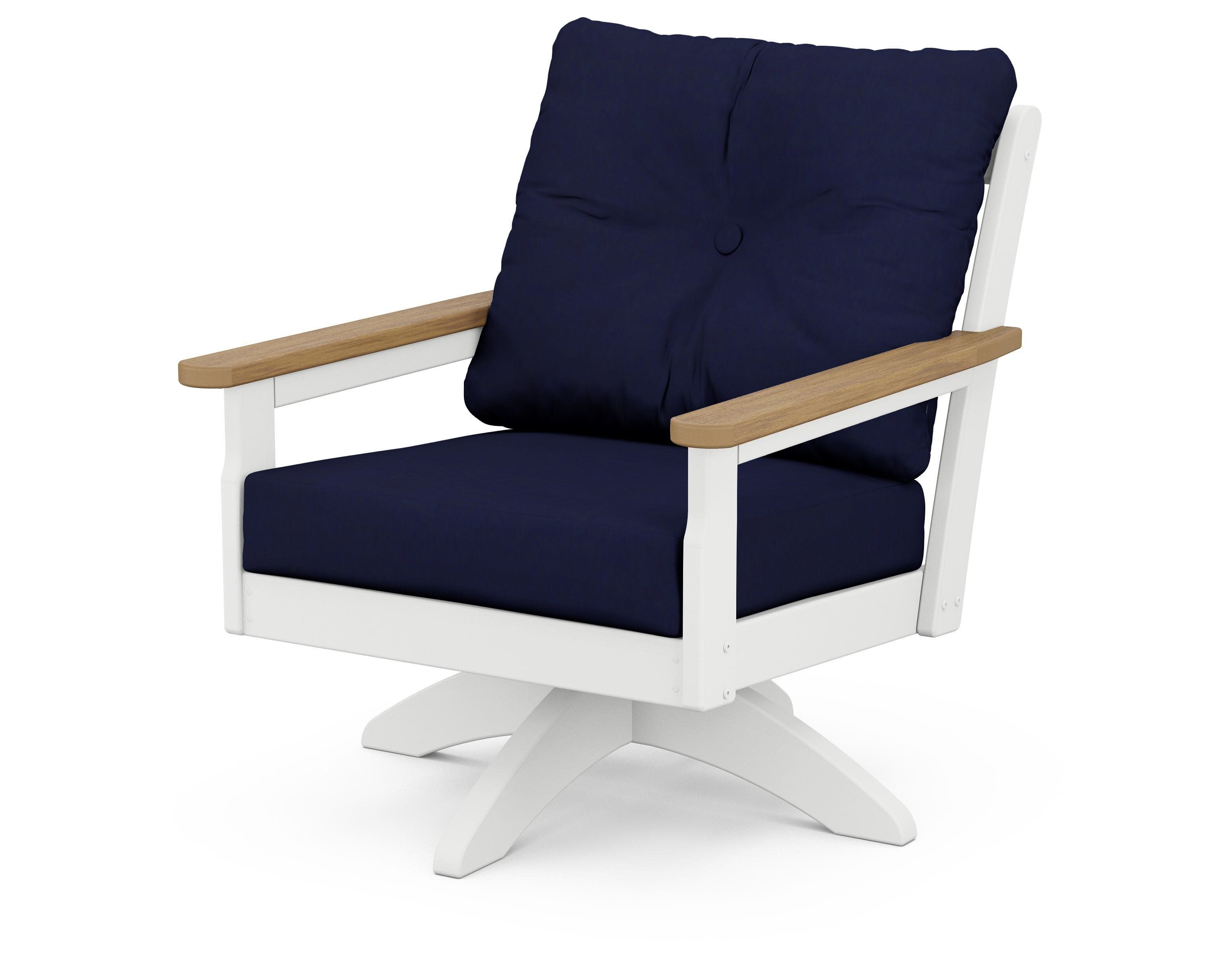 Vineyard Deep Seating Swivel Chair in White / Natural / Navy