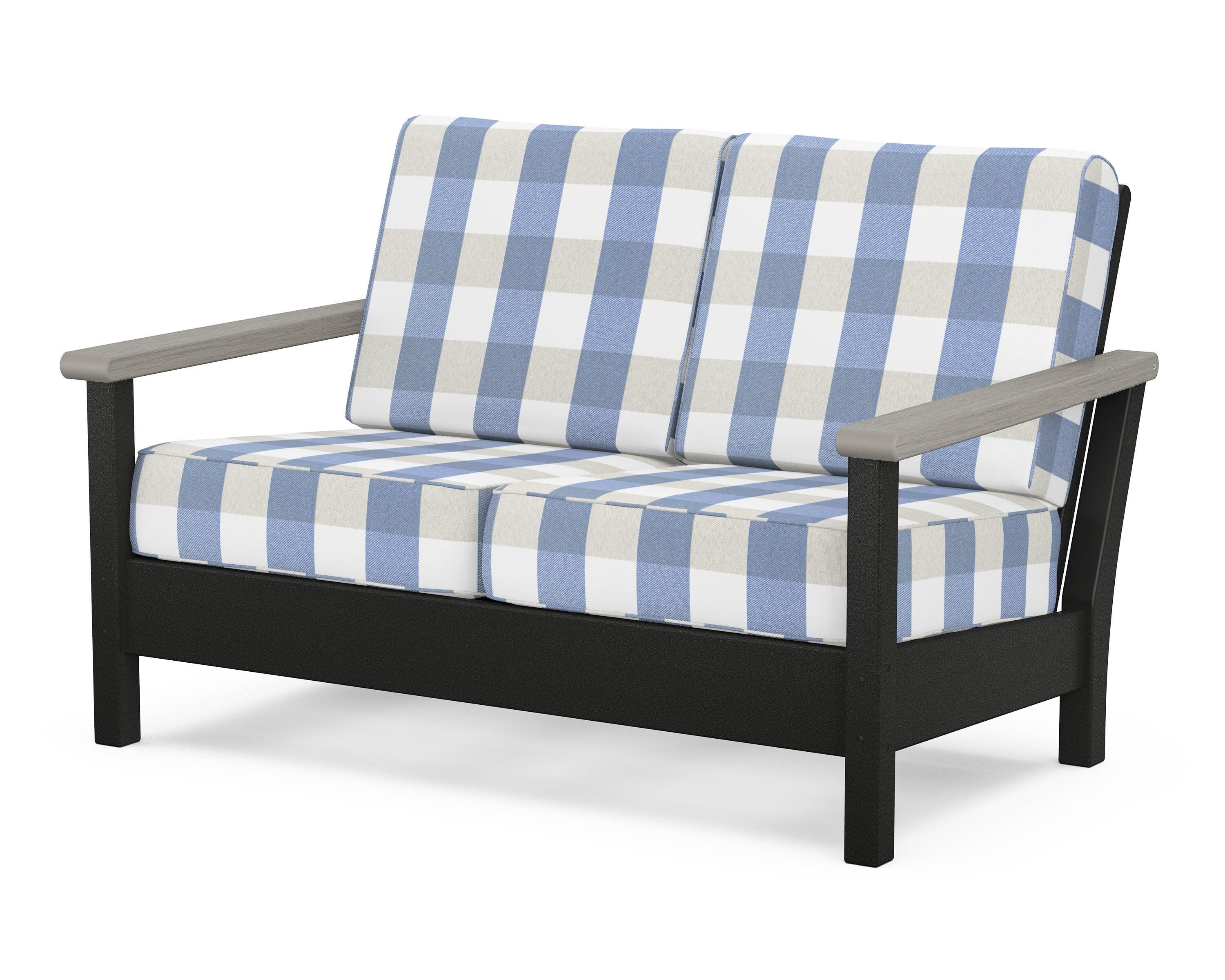 Harbour Deep Seating Loveseat in Black / Driftwood / Buffalo Plaid Sky Blue