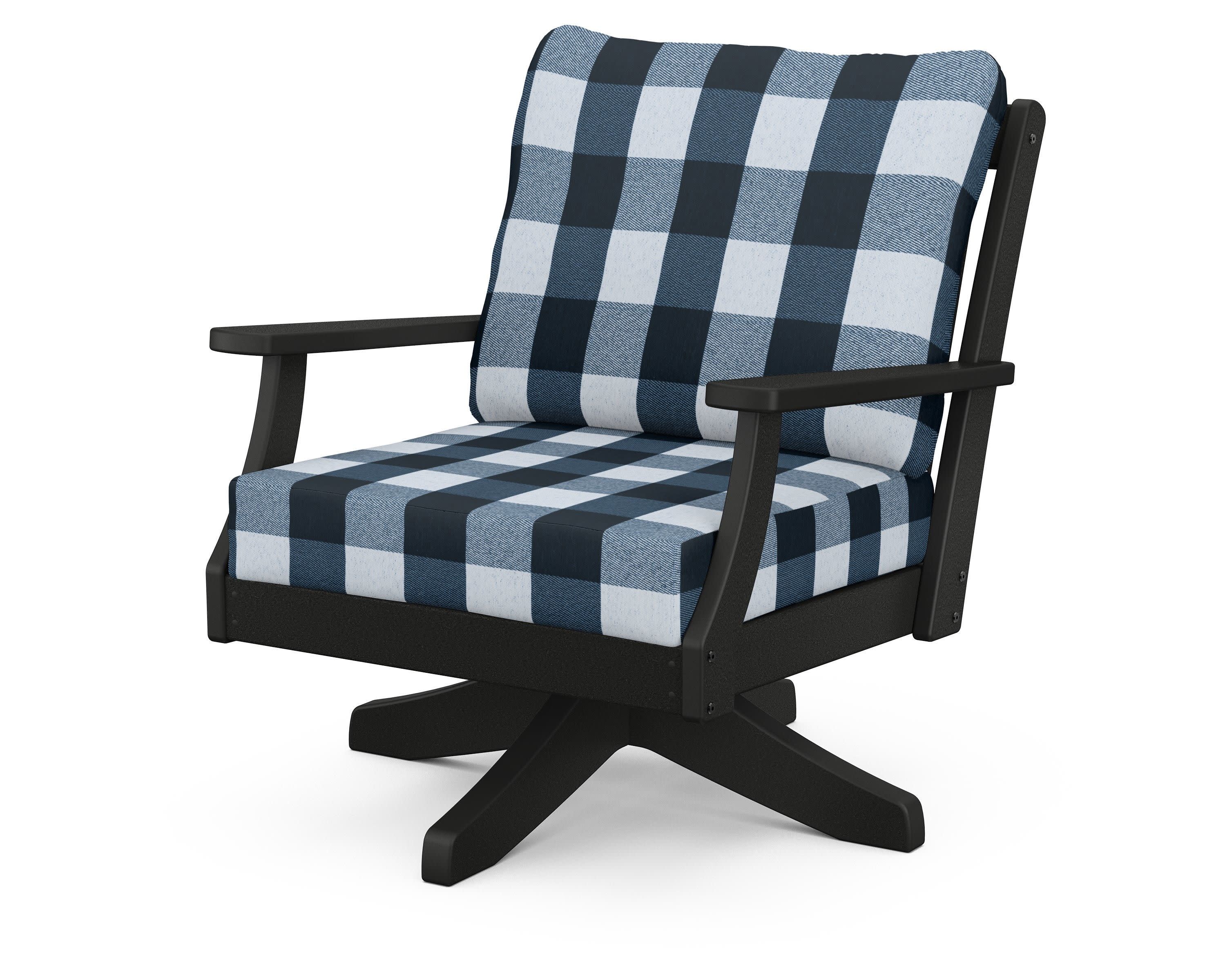 Braxton Deep Seating Swivel Chair in Black / Buffalo Plaid Marine Indigo
