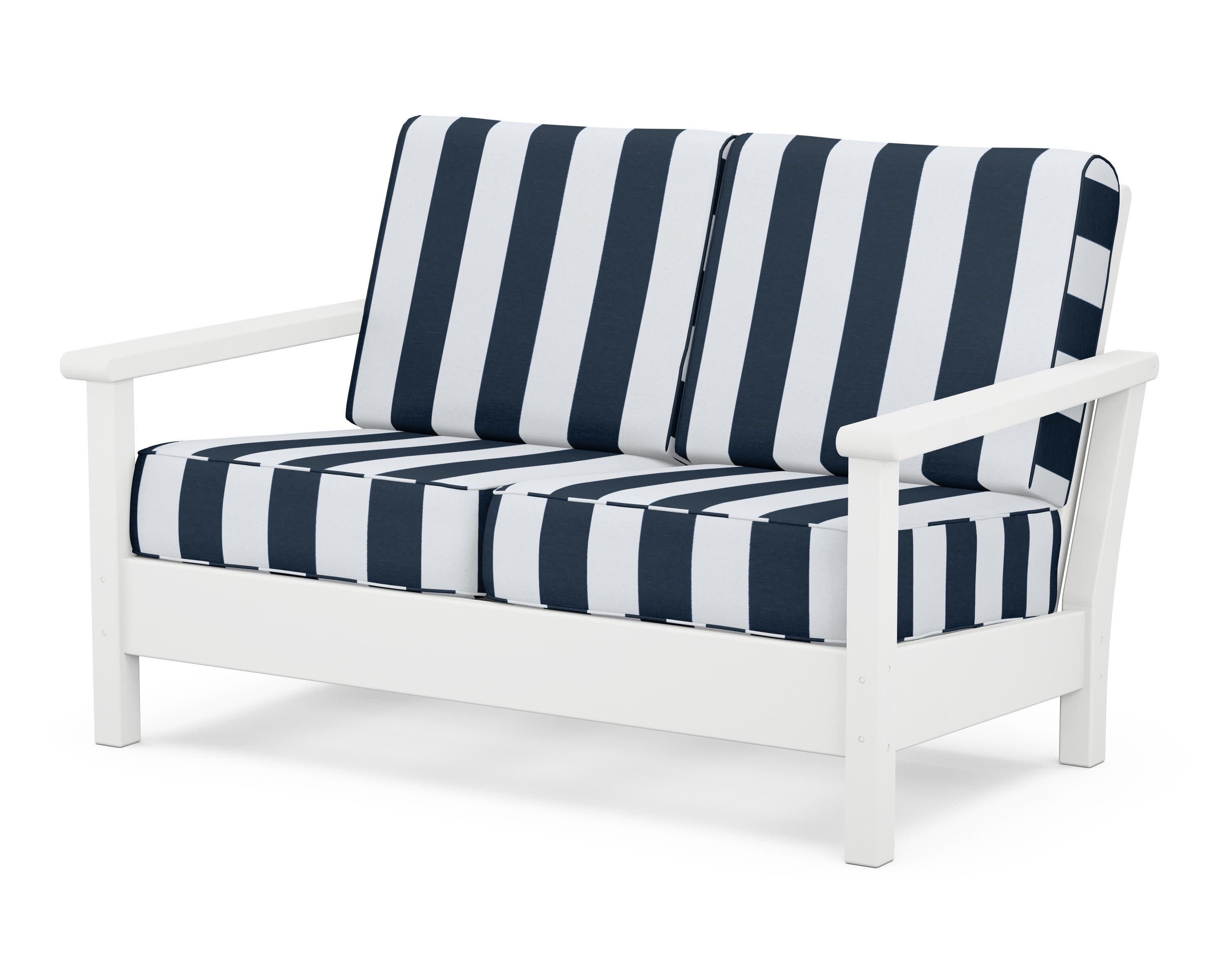 Harbour Deep Seating Loveseat in White / Cabana Stripe Marine Indigo