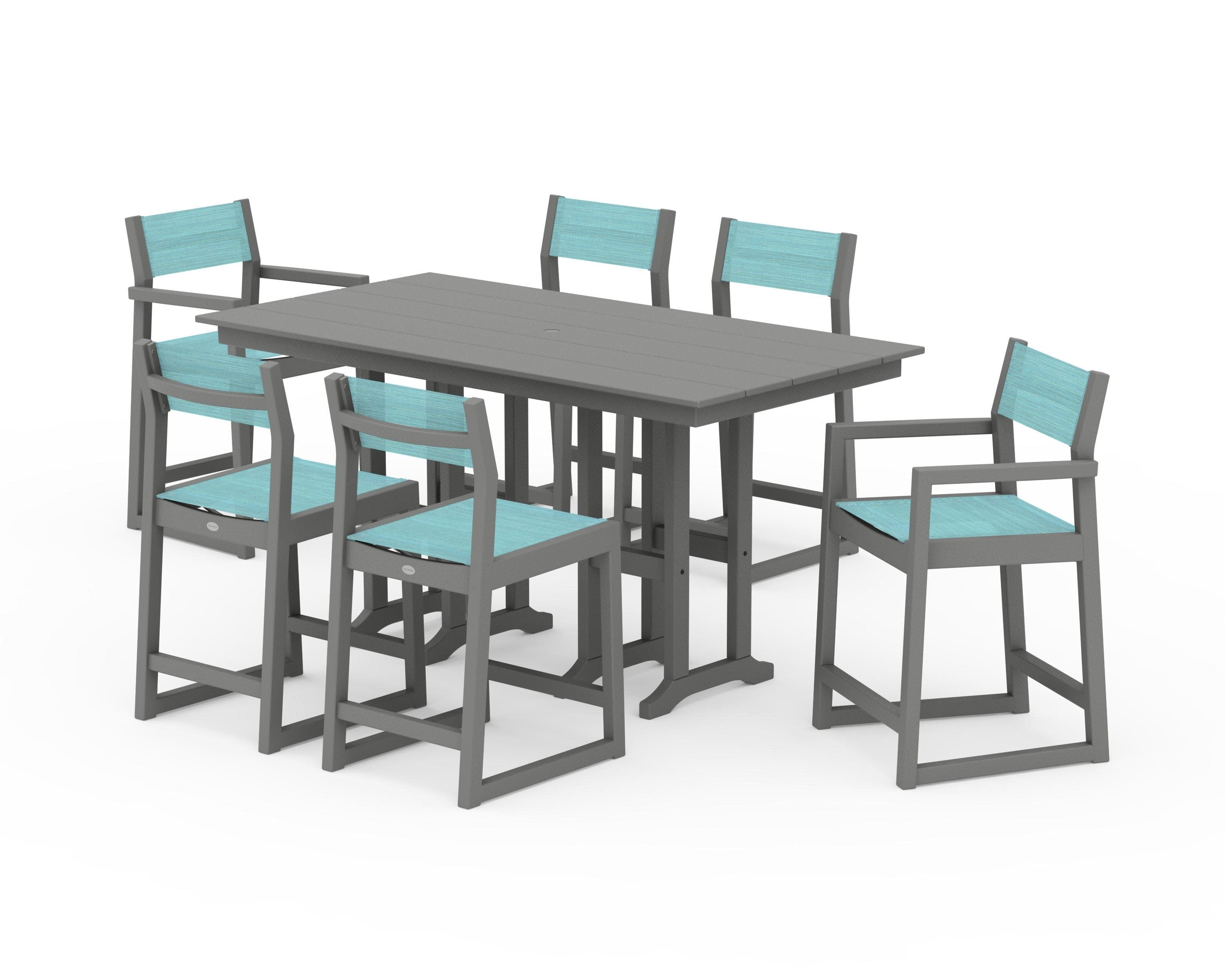 EDGE Sling 7-Piece Farmhouse Counter Set in Slate Grey / Dupioni Aquamarine Sling