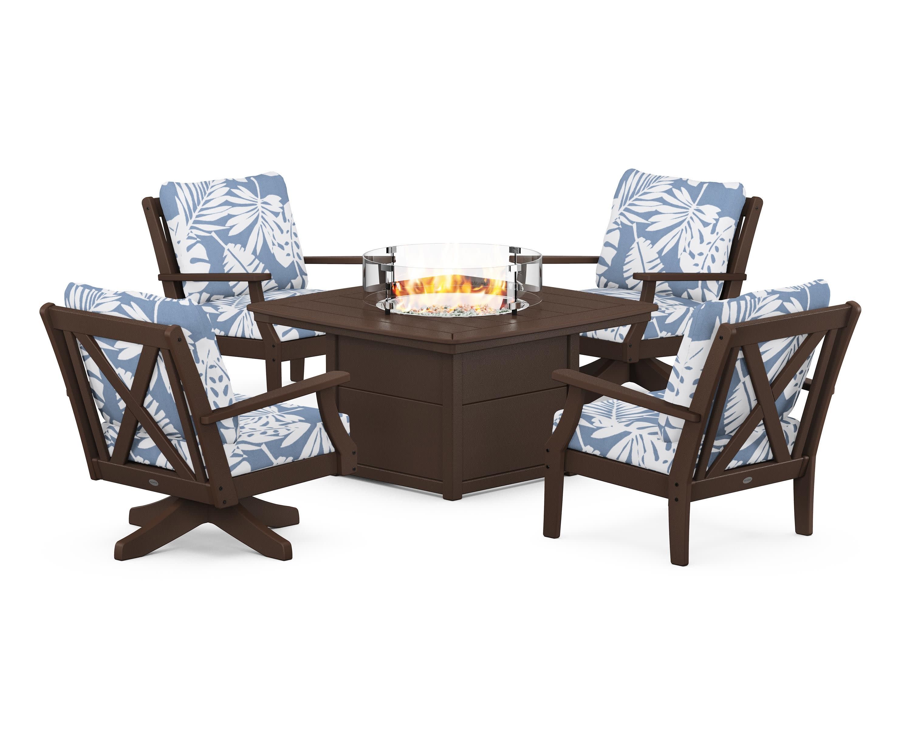 Braxton 5-Piece Deep Seating Set with Fire Table in Mahogany / Leaf Sky Blue