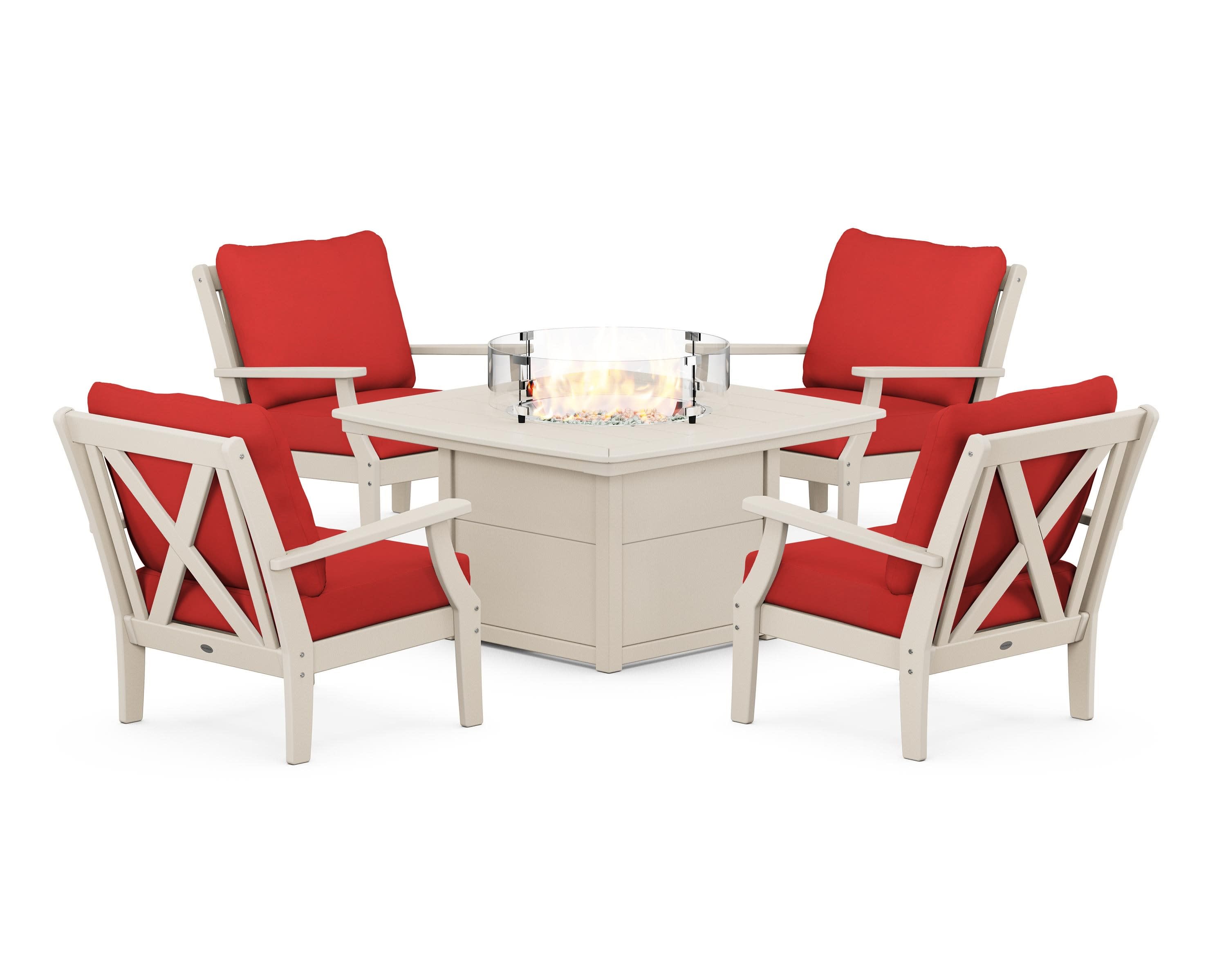 Braxton 5-Piece Deep Seating Conversation Set with Fire Pit Table in Sand / Crimson Linen