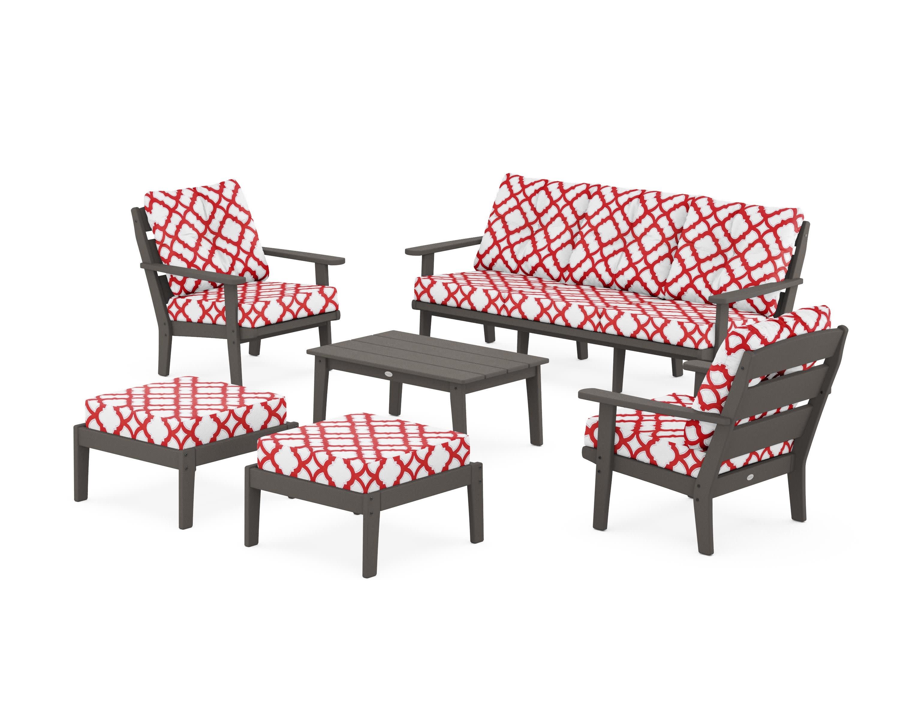 Lakeside 6-Piece Lounge Sofa Set in Vintage Coffee / Trellis Crimson