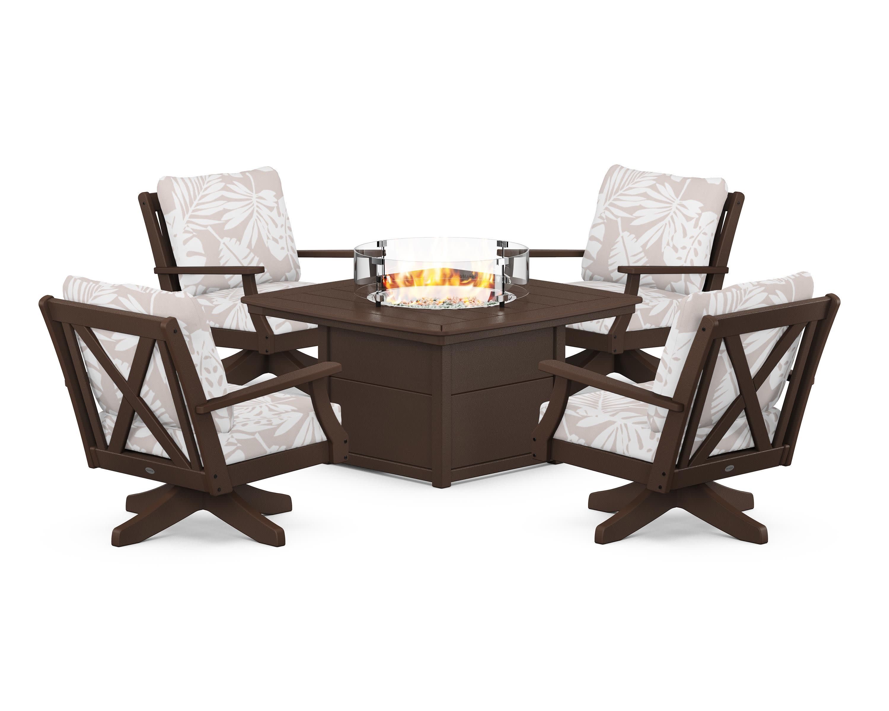 Braxton 5-Piece Deep Seating Swivel Conversation Set with Fire Pit Table in Mahogany / Leaf Dune Burlap