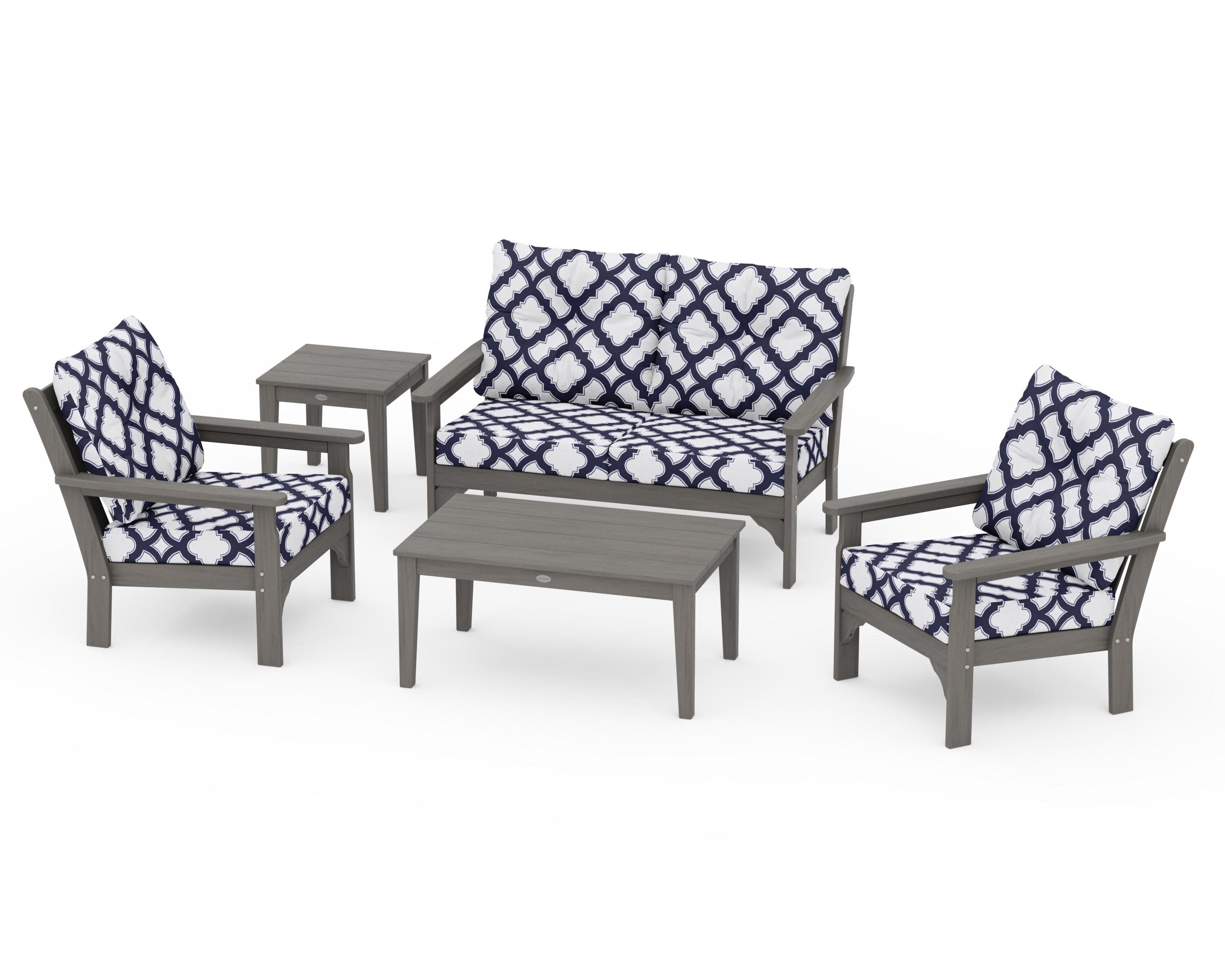 Vineyard 5-Piece Deep Seating Set in Driftwood / Trellis Navy