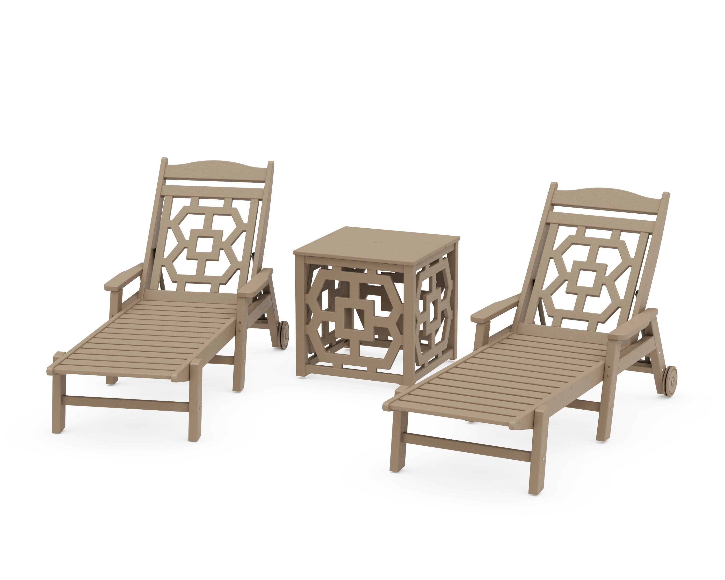Chinoiserie 3-Piece Chaise Set with Umbrella Stand Accent Table in Vintage Sahara