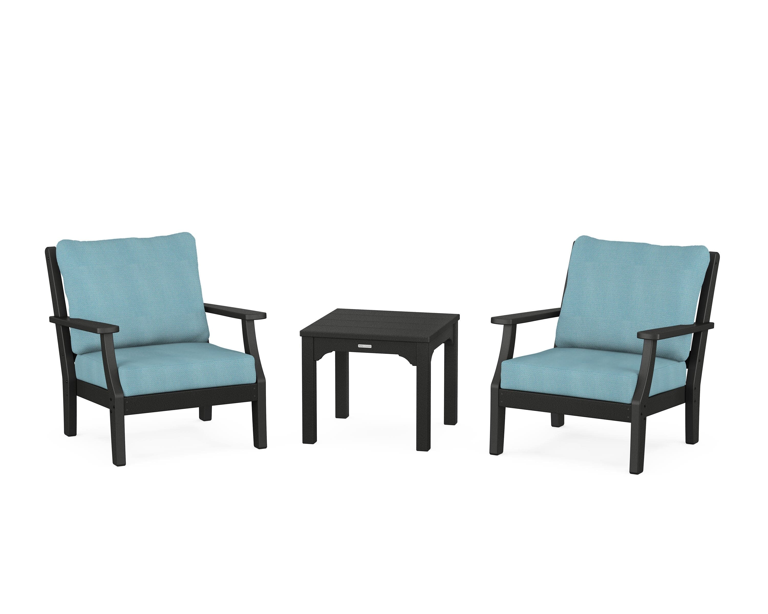 Chinoiserie 3-Piece Deep Seating Set in Black / Lattice Sky Blue
