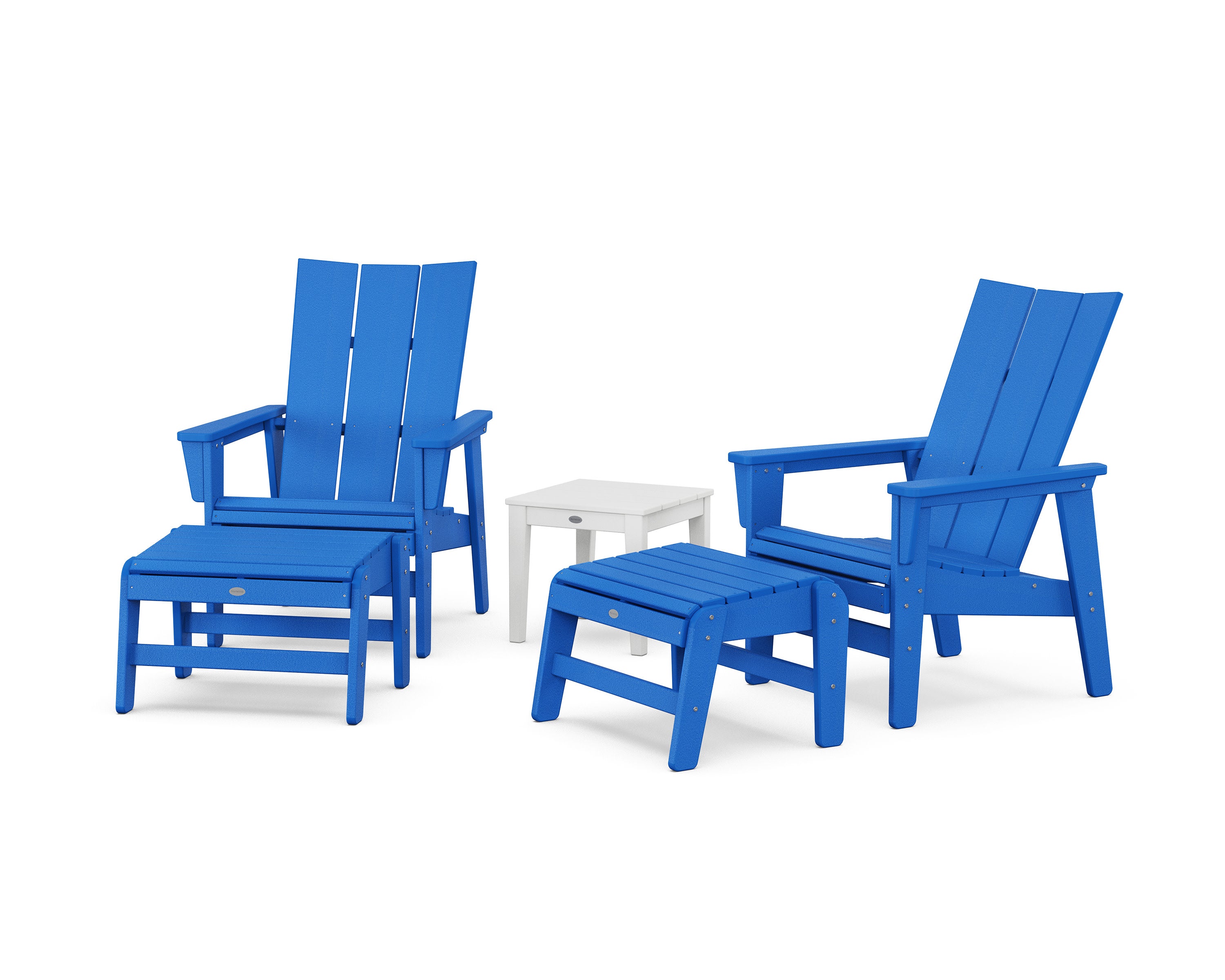 5-Piece Modern Grand Upright Adirondack Set with Ottomans and Side Table in Pacific Blue / White