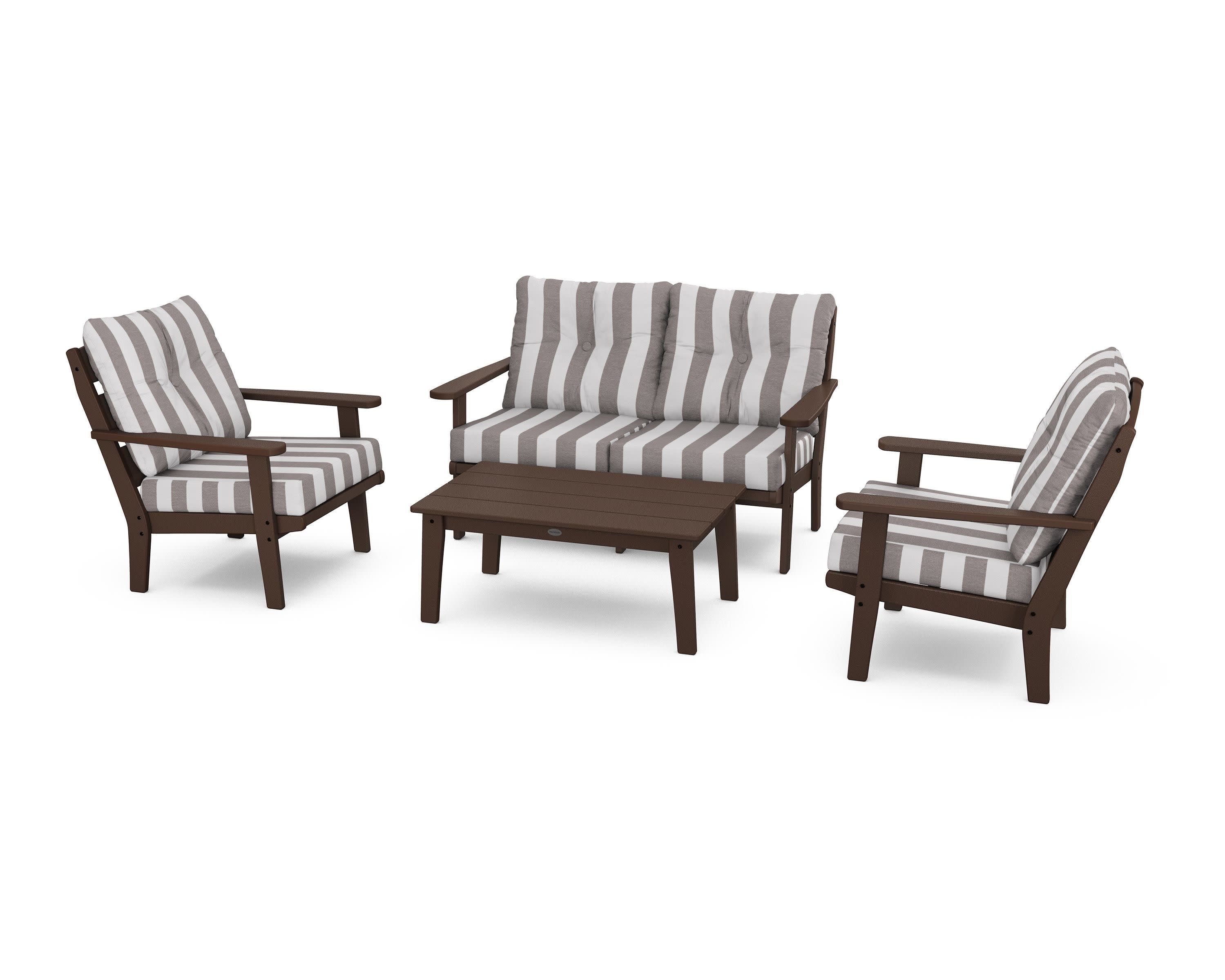 Lakeside 4-Piece Deep Seating Set in Mahogany / Cabana Stripe Grey Mist