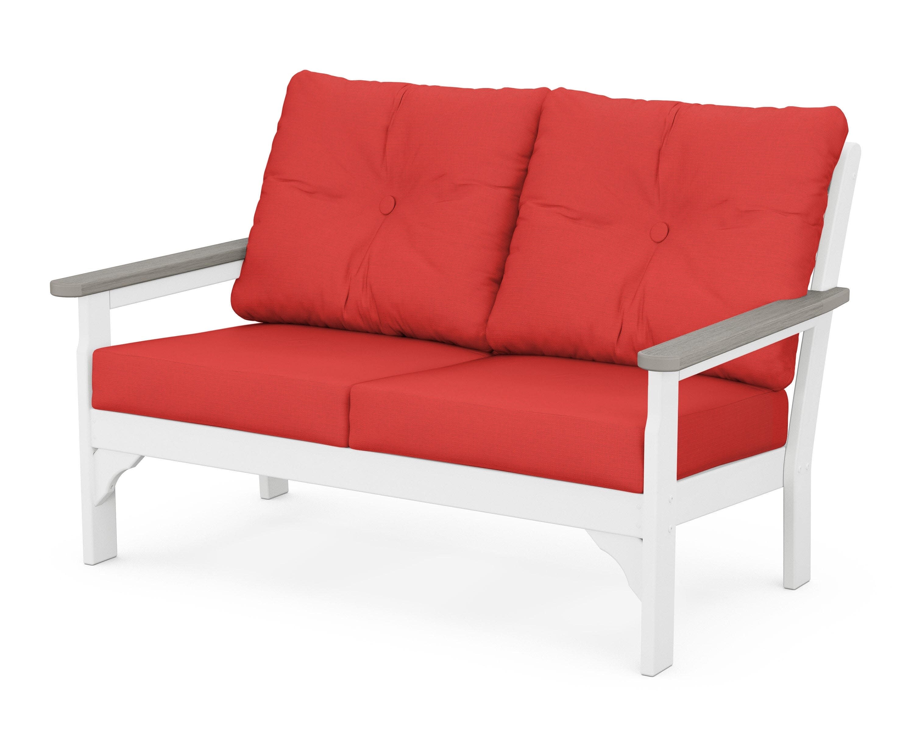 Vineyard Deep Seating Loveseat in White / Driftwood / Crimson Linen