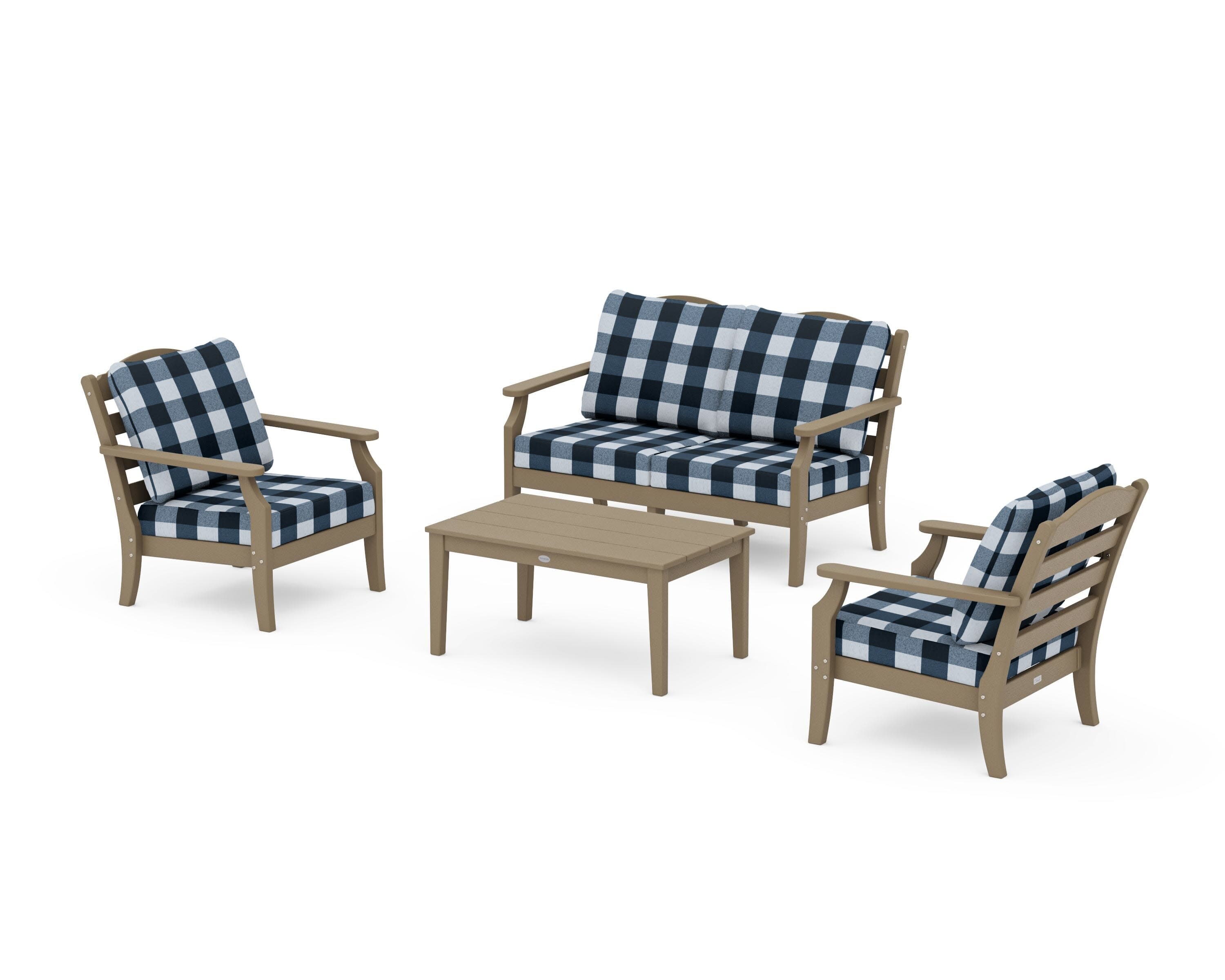 Savannah 4-Piece Deep Seating Set with Loveseat in Vintage Sahara / Buffalo Plaid Marine Indigo