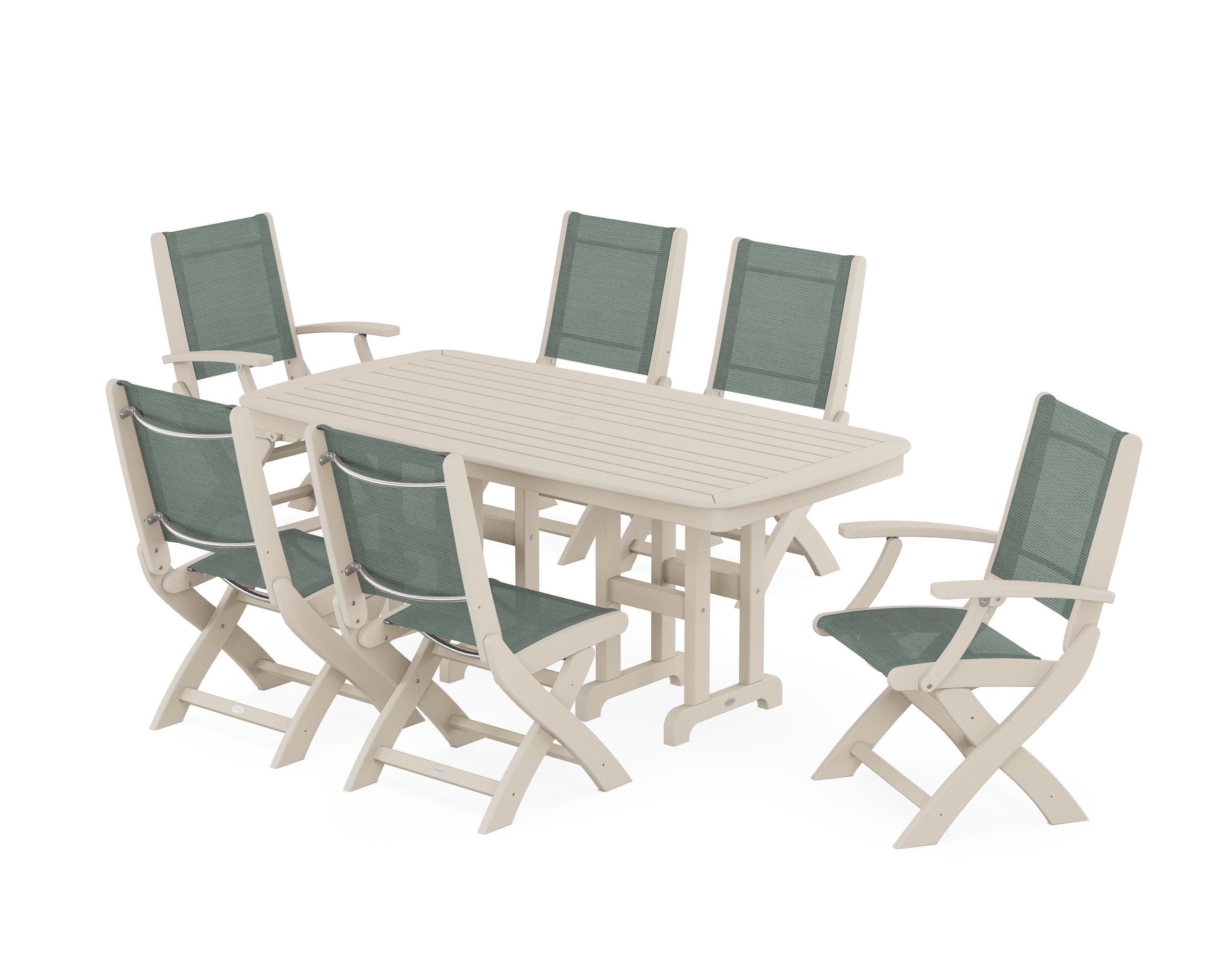 Coastal Folding Chair 7-Piece Dining Set in Sand / Dupioni Sea Mist Sling