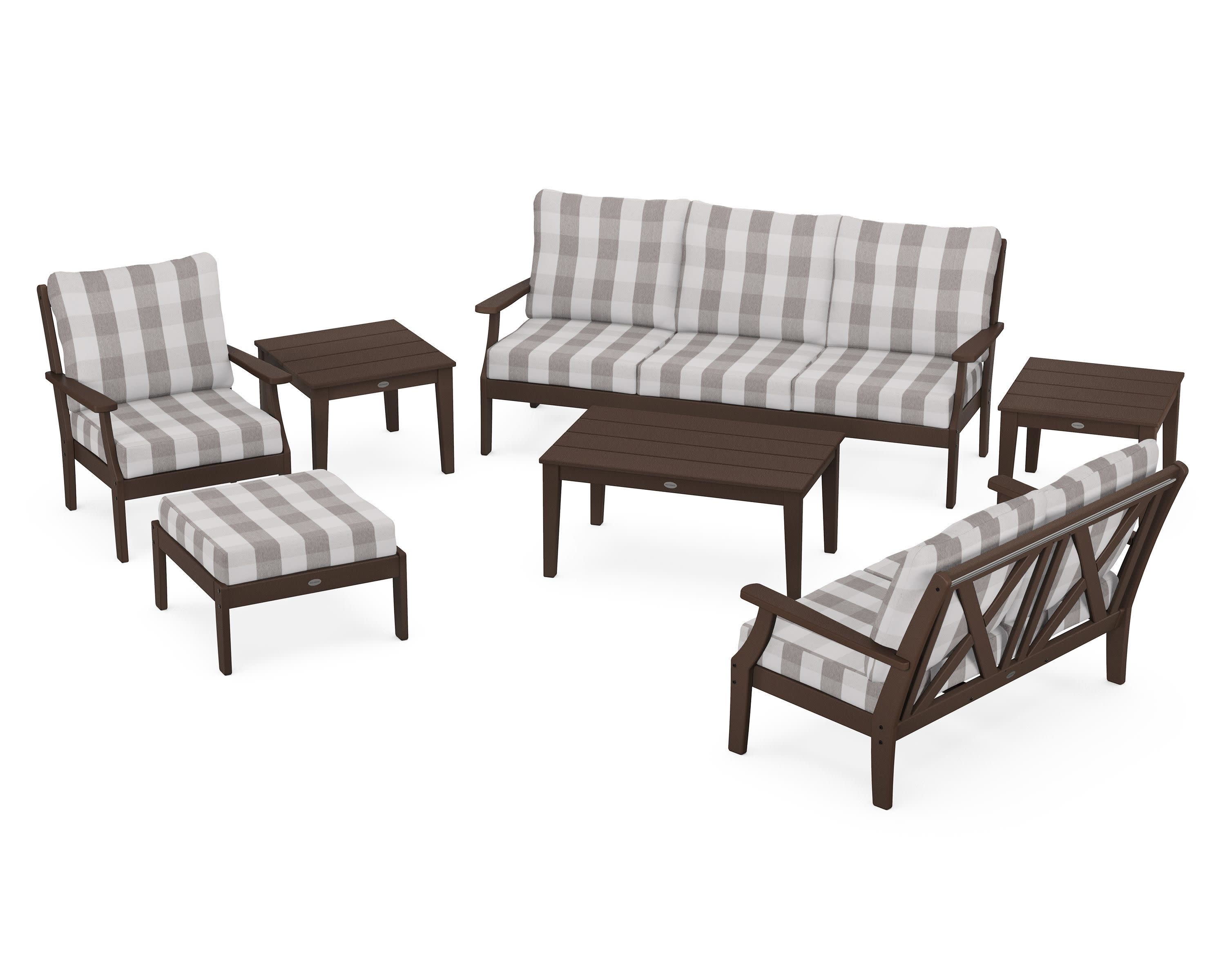 Braxton 7-Piece Deep Seating Set in Mahogany / Buffalo Plaid Grey Mist