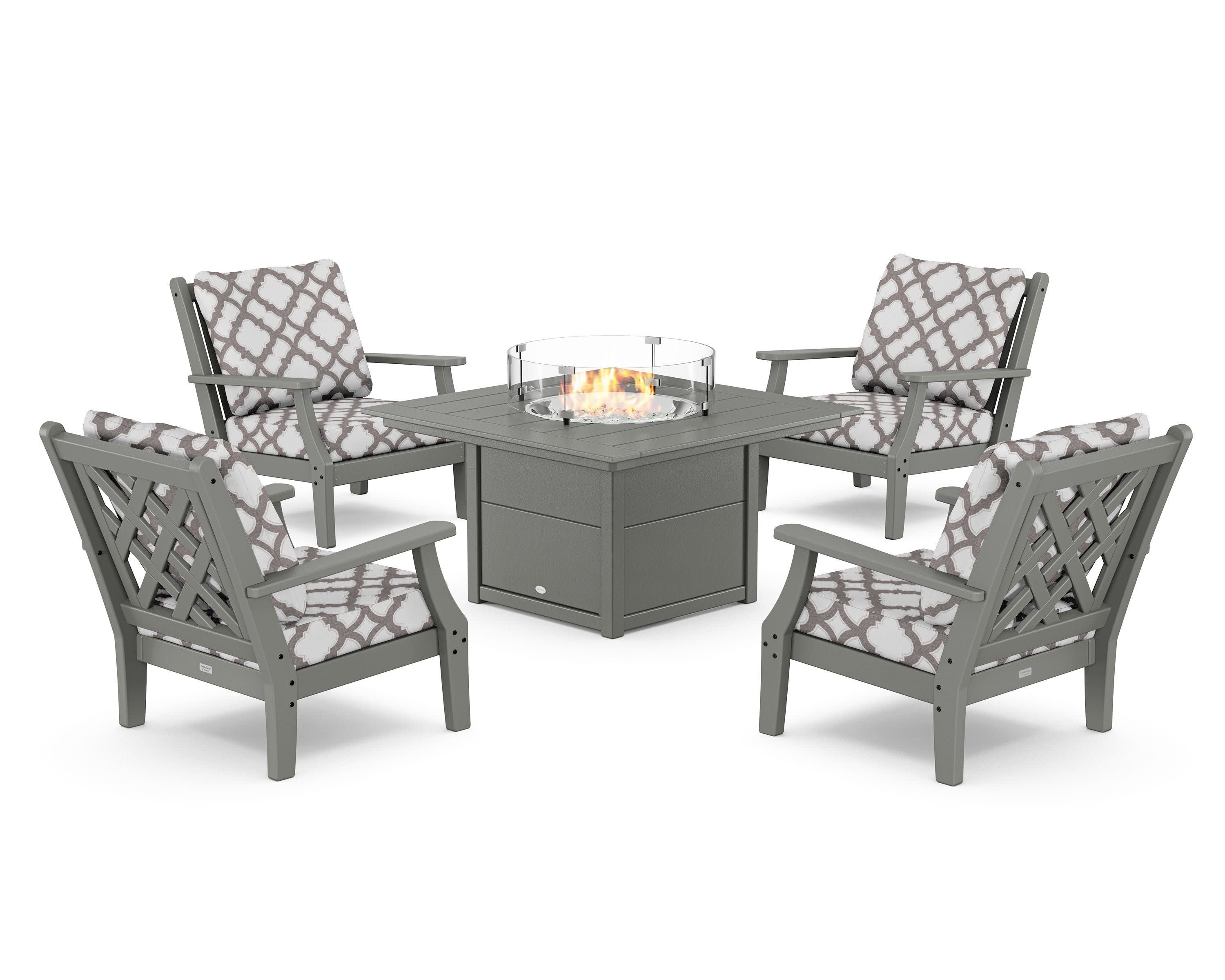 Wovendale 5-Piece Deep Seating Set with Fire Pit Table in Slate Grey / Trellis Grey Mist