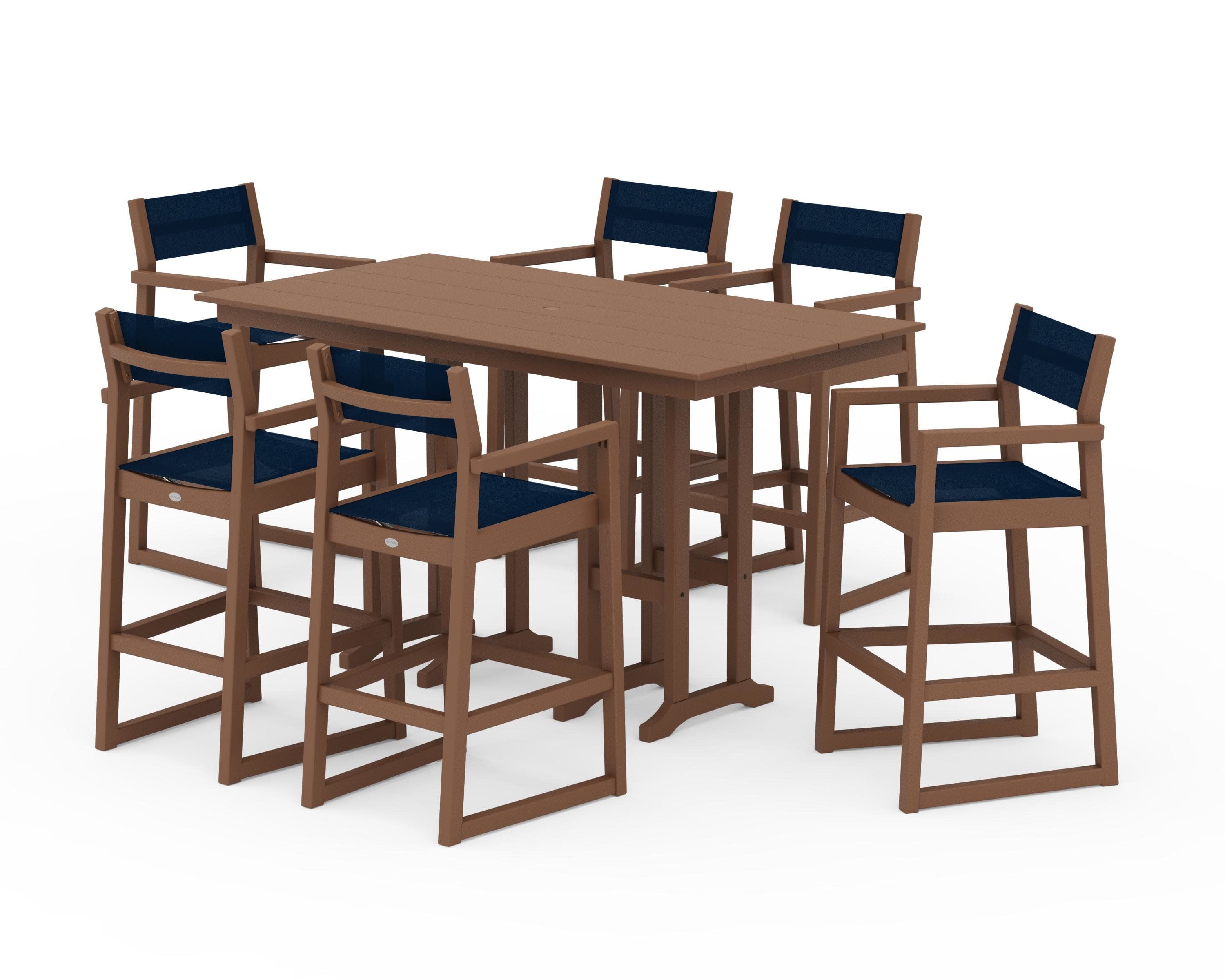 EDGE Sling Arm Chair 7-Piece Farmhouse Bar Set in Teak / Navy Blue Sling