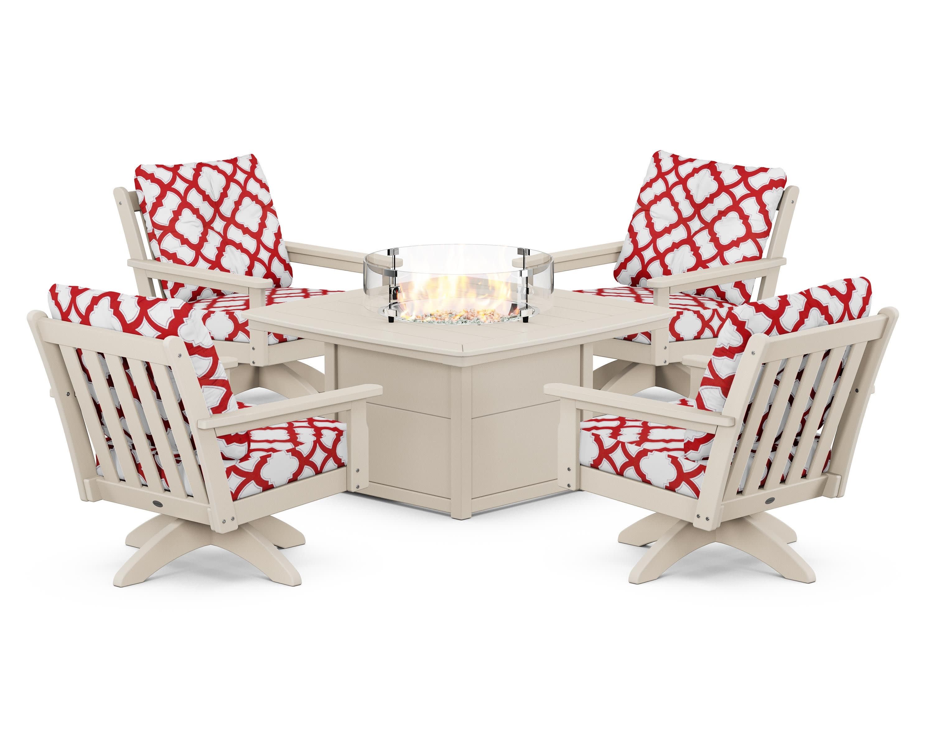 Vineyard 5-Piece Deep Seating Swivel Conversation Set with Fire Pit Table in Sand / Trellis Crimson