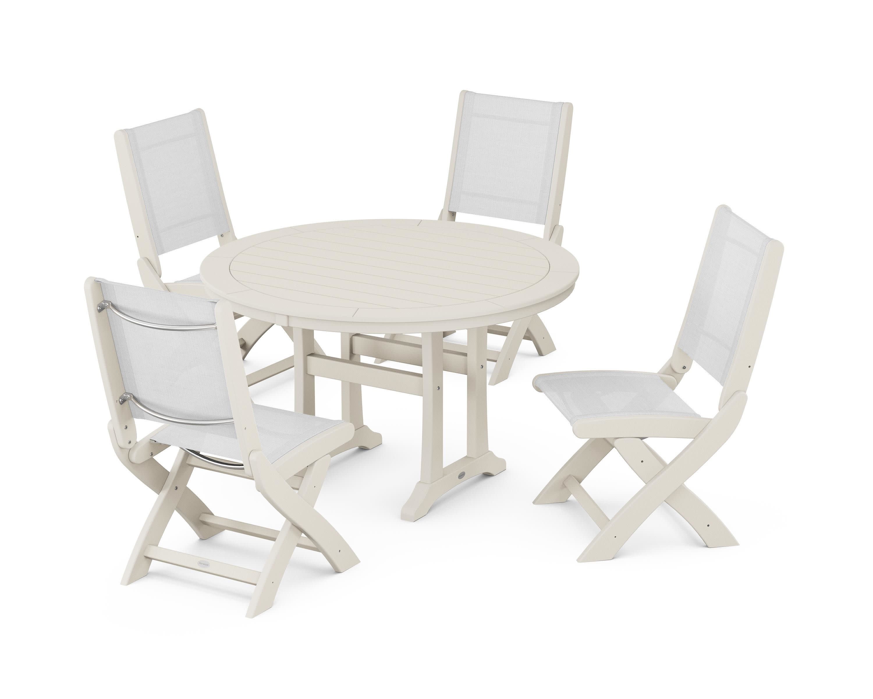 Coastal Folding Side Chair 5-Piece Round Dining Set With Trestle Legs in Sand / White Sling