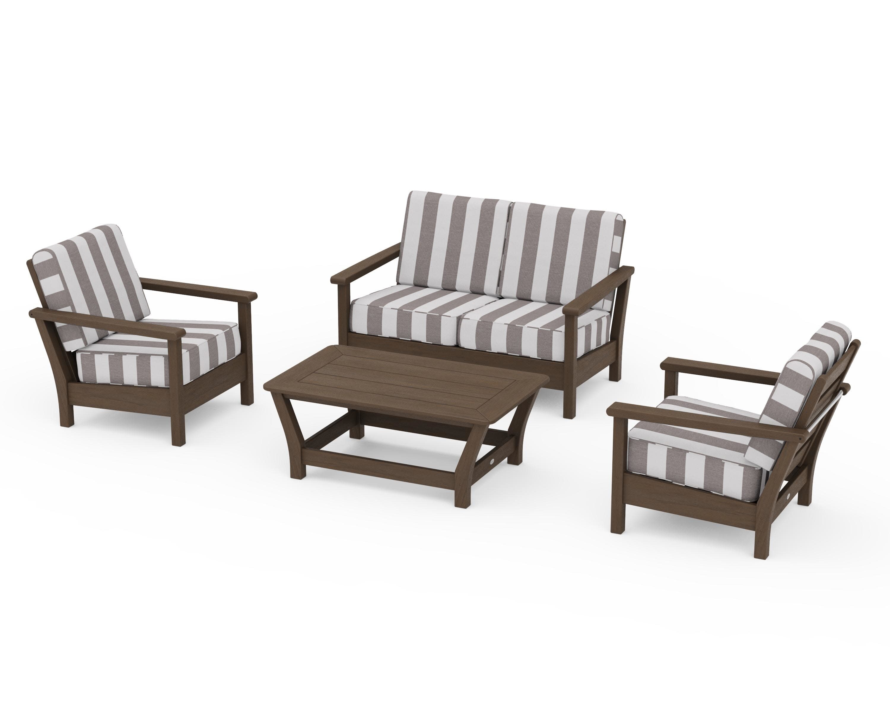 Harbour 4-Piece Deep Seating Set in Kona / Cabana Stripe Grey Mist