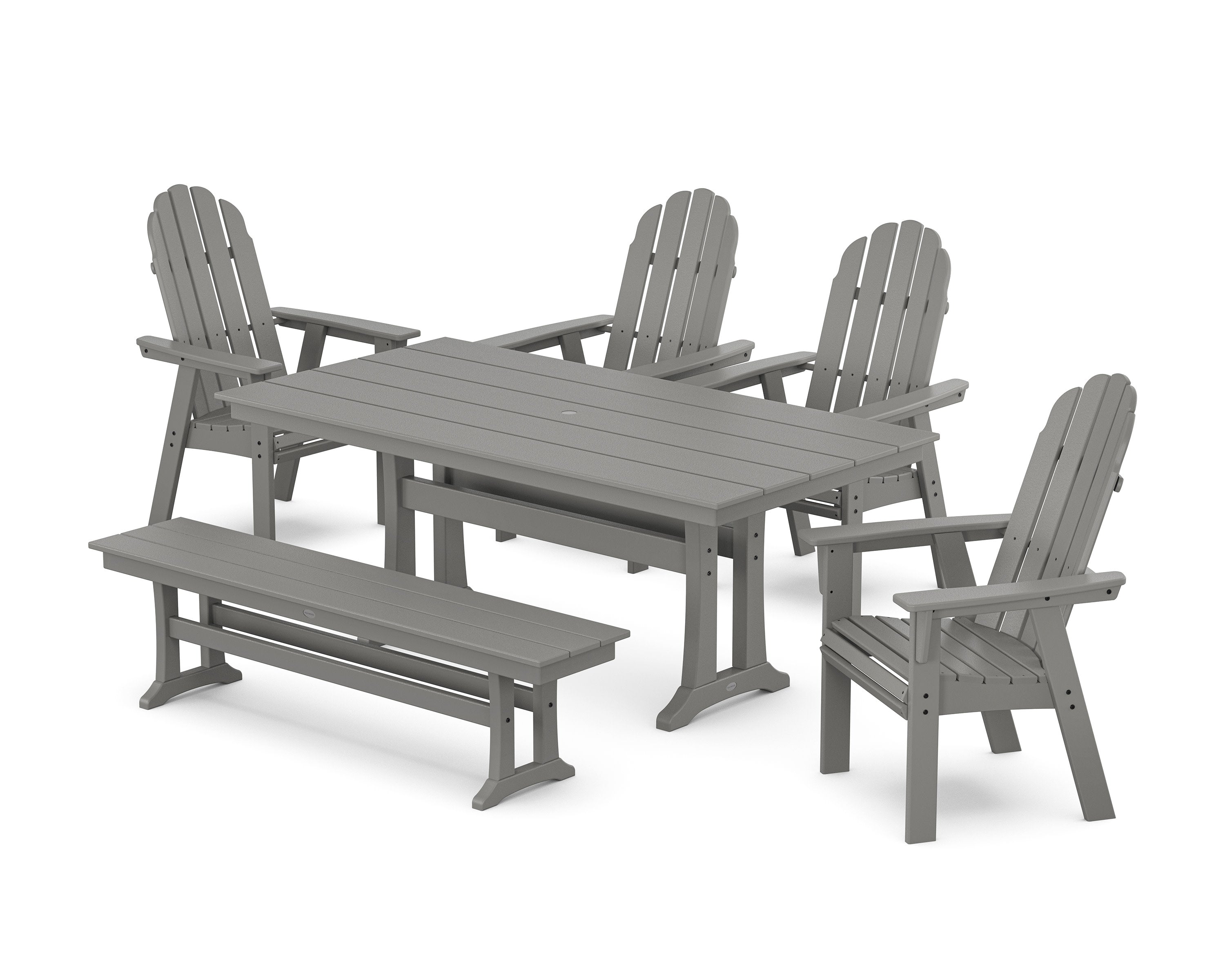 Vineyard Curveback Adirondack Chair 6-Piece Farmhouse Dining Set with Trestle Legs and Bench in Slate Grey