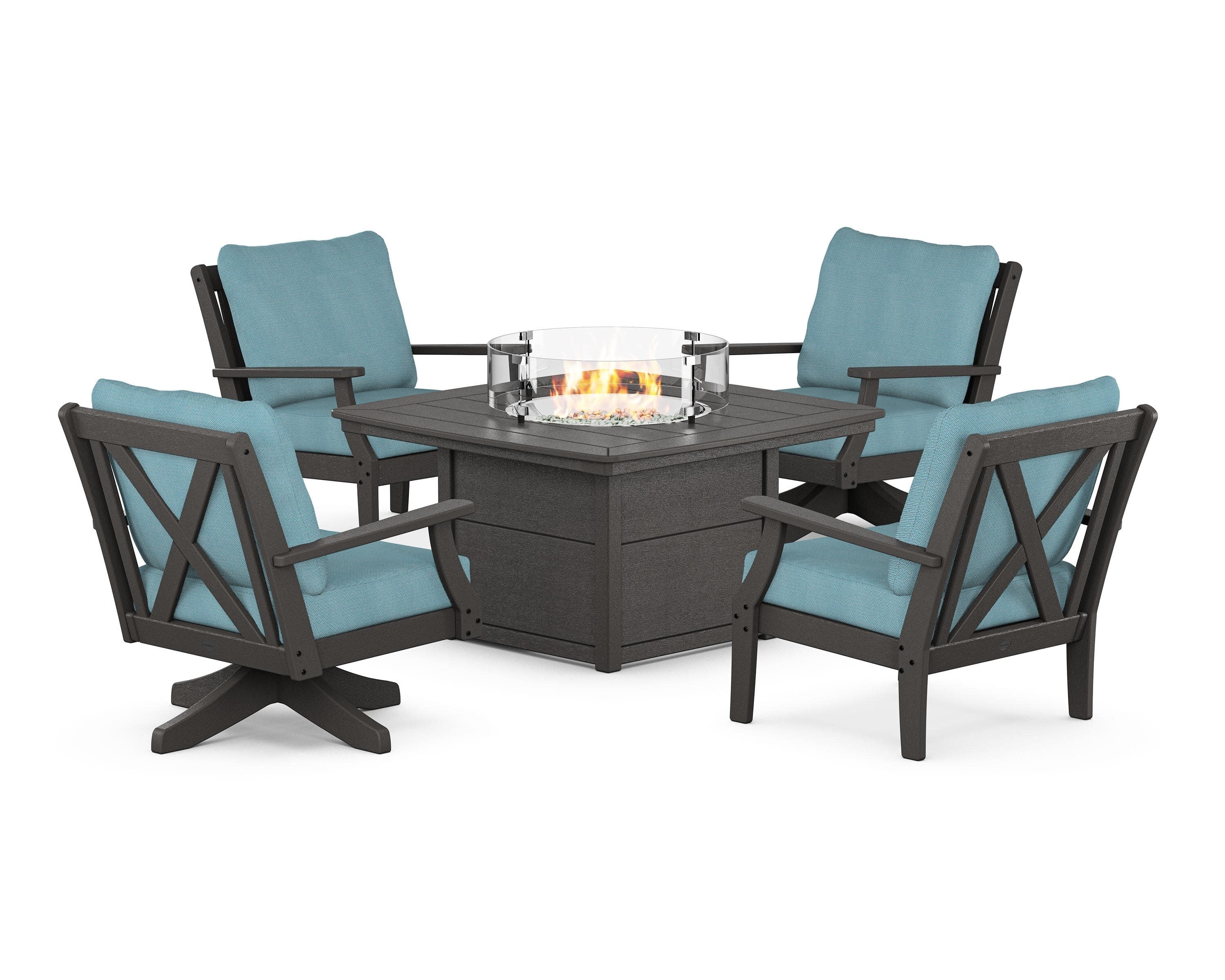 Braxton 5-Piece Deep Seating Set with Fire Table in Vintage Coffee / Lattice Sky Blue