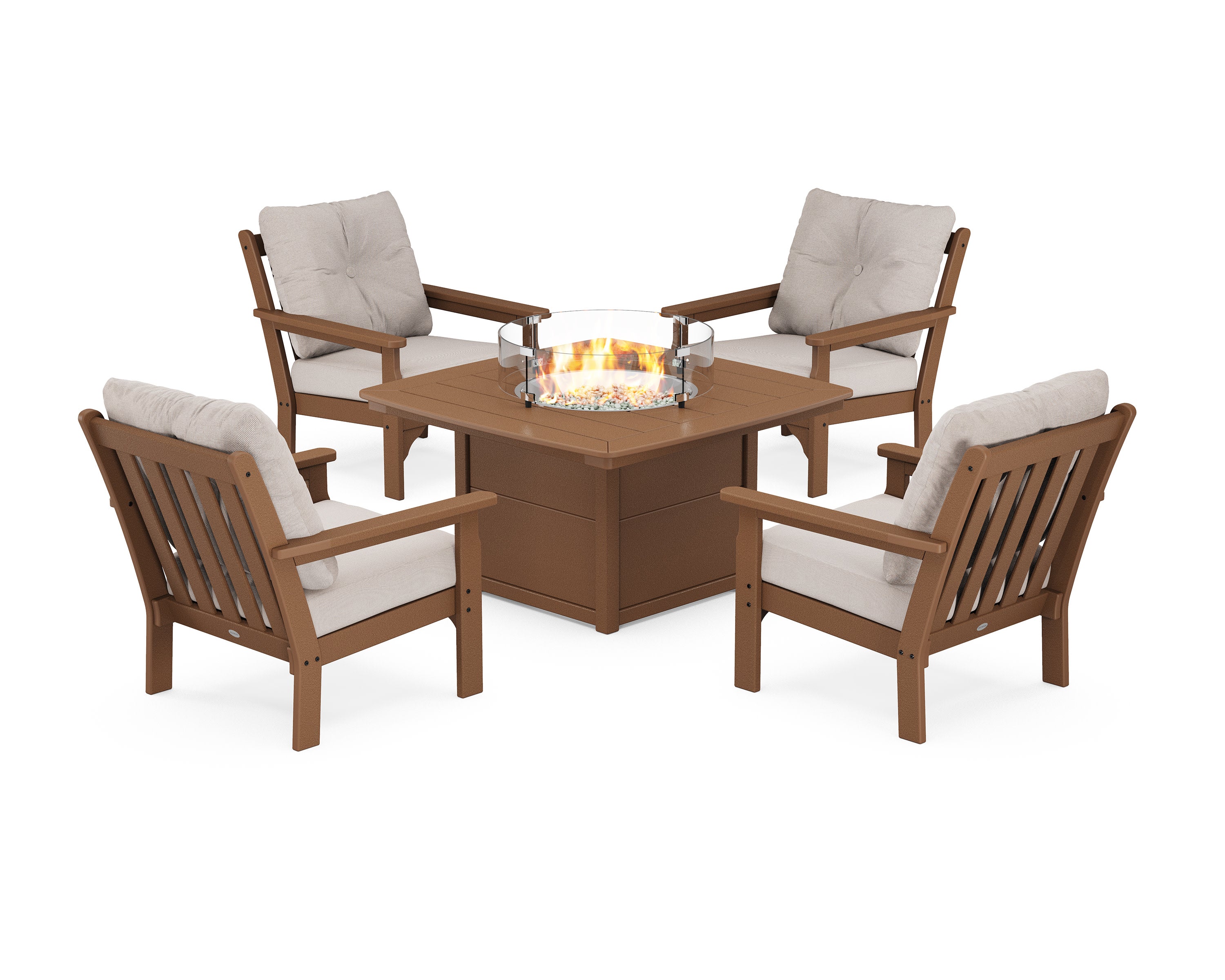 Vineyard 5-Piece Conversation Set with Fire Pit Table in Teak / Dune Burlap