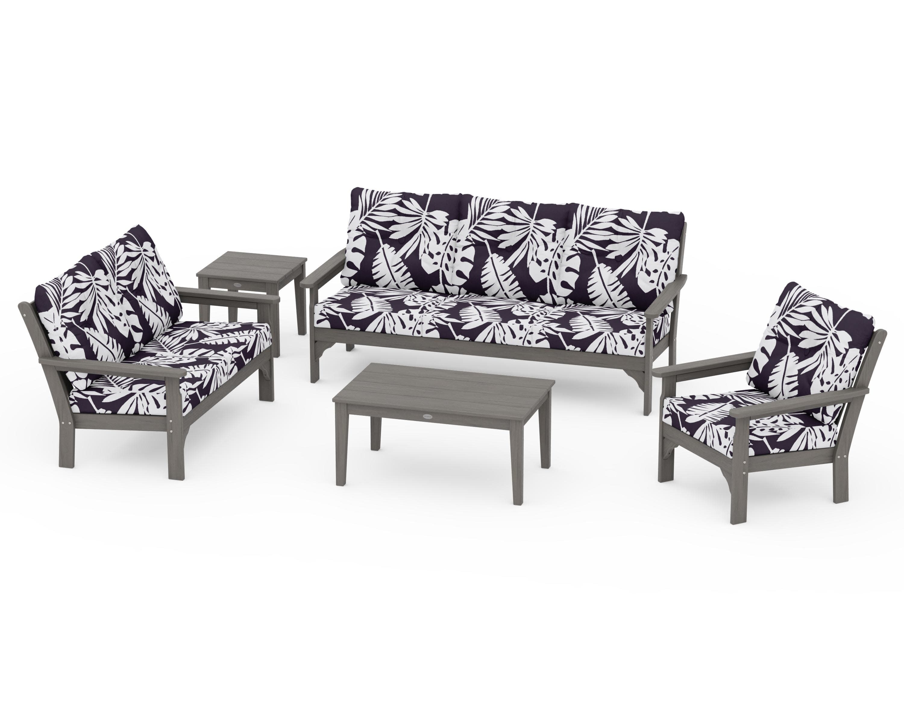Vineyard 5 Piece Deep Seating Set in Driftwood / Leaf Navy