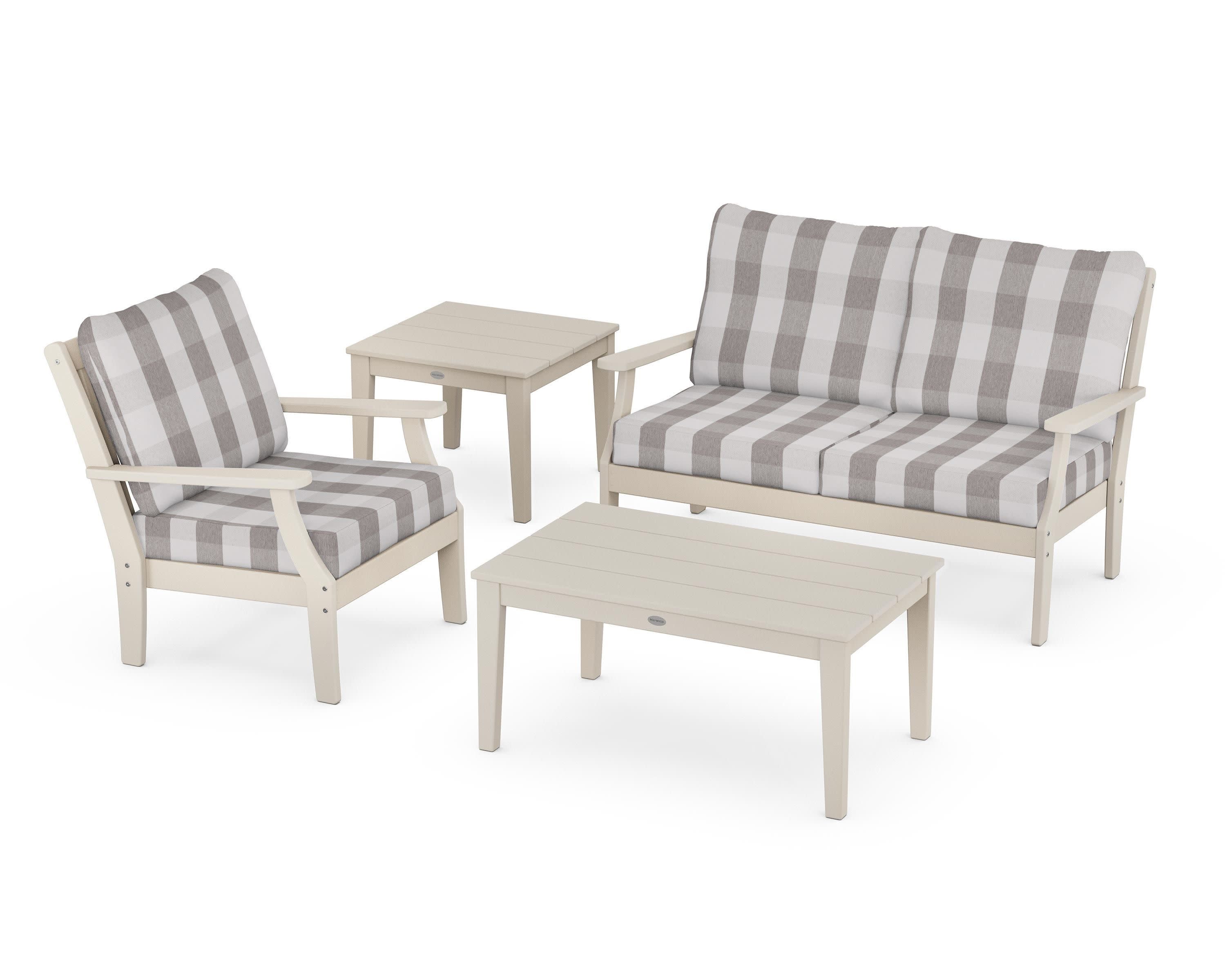 Braxton 4-Piece Deep Seating Set in Sand / Buffalo Plaid Grey Mist
