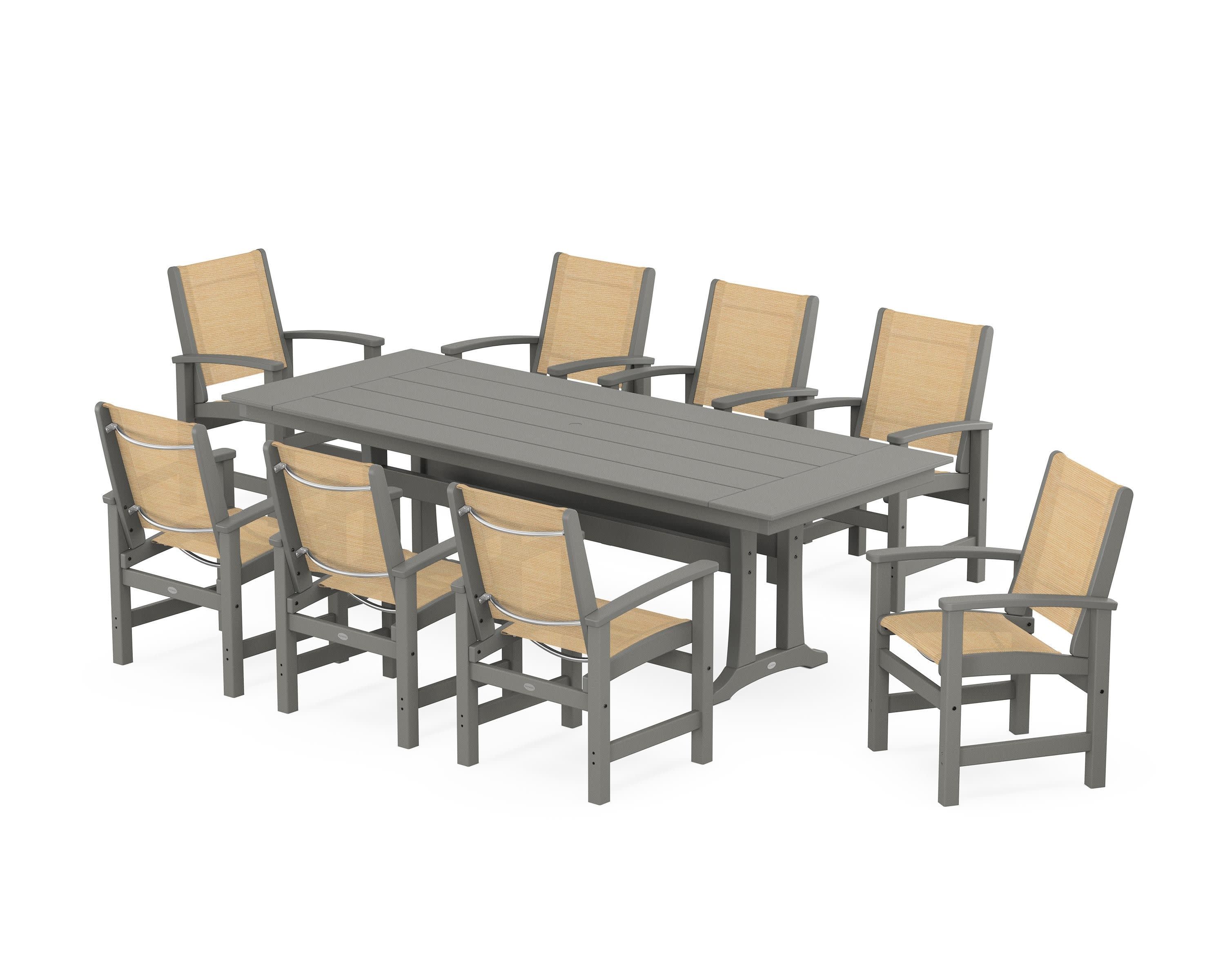Coastal 9-Piece Farmhouse Dining Set with Trestle Legs in Slate Grey / Dupioni Apricot Sling