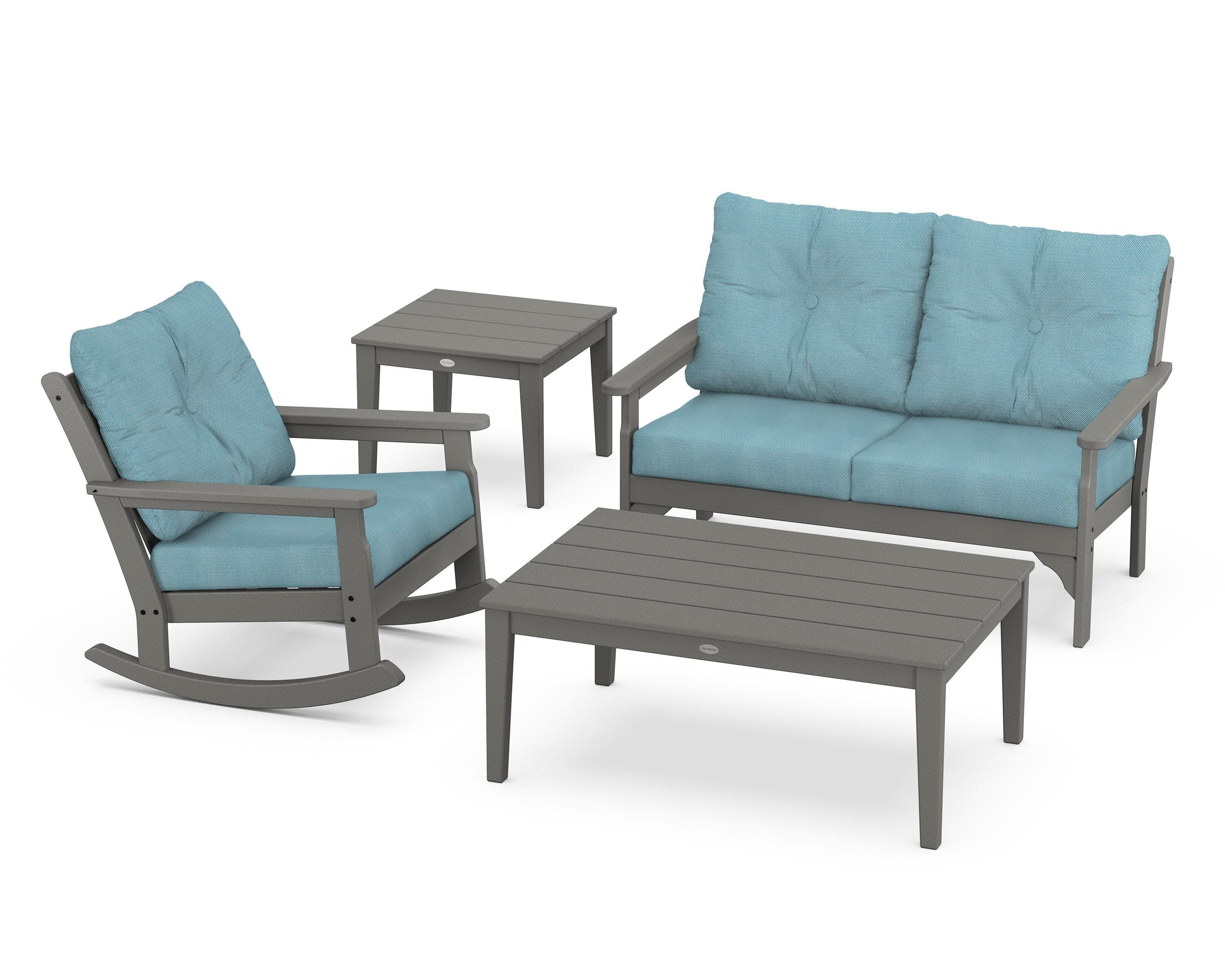 Vineyard 4-Piece Deep Seating Rocker Set in Slate Grey / Lattice Sky Blue