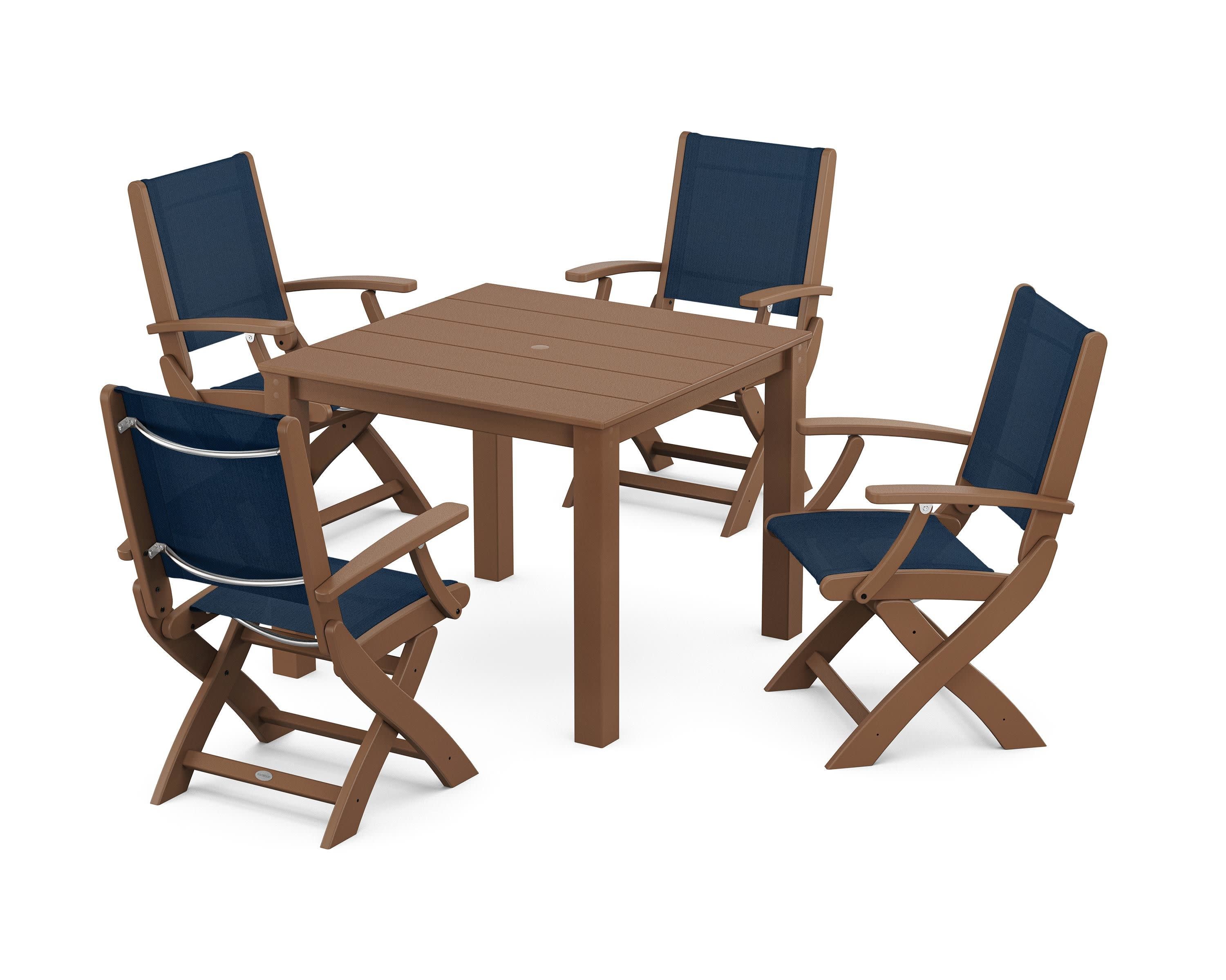Coastal Folding Chair 5-Piece Parsons Dining Set in Teak / Navy Blue Sling
