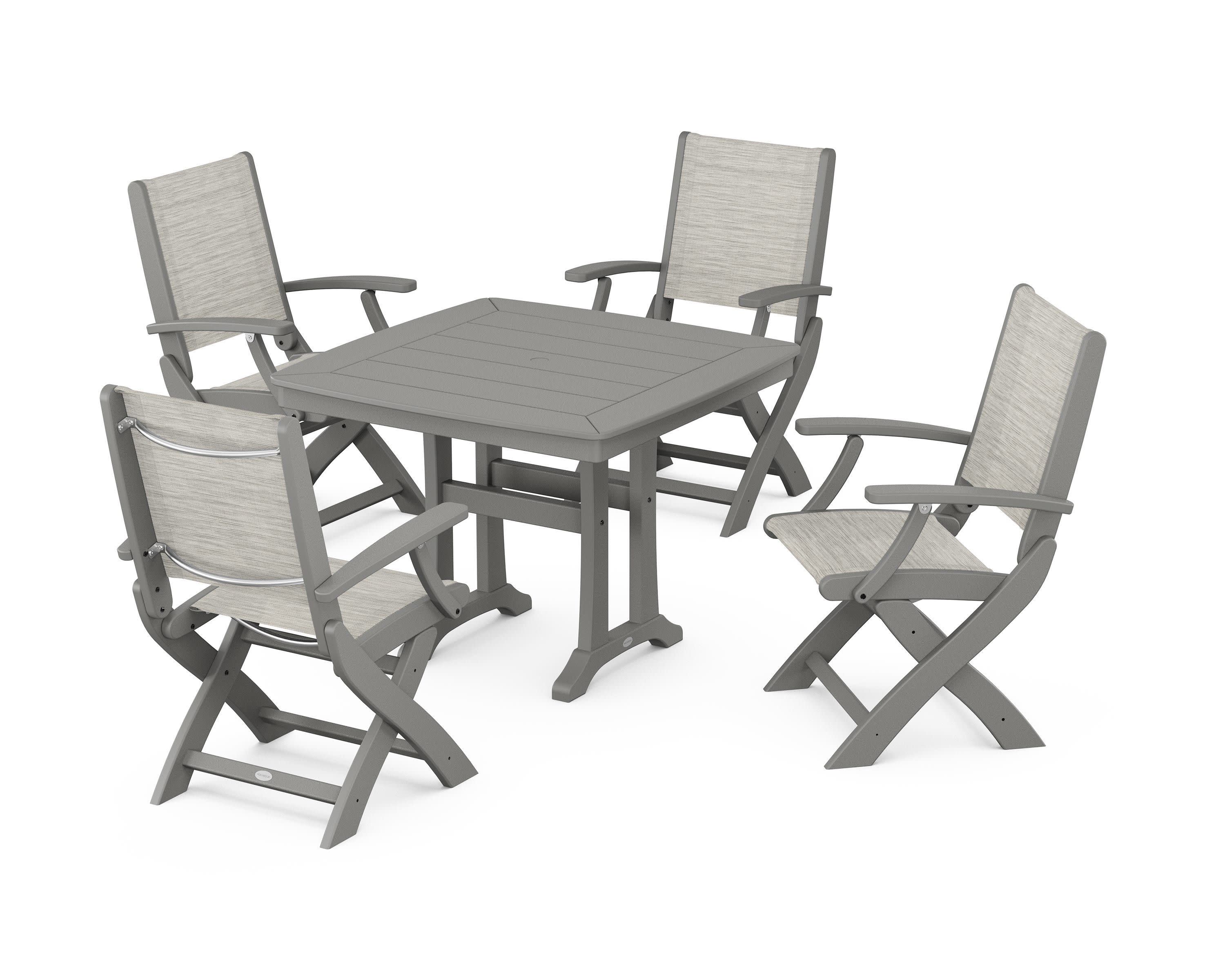 Coastal Folding Chair 5-Piece Dining Set with Trestle Legs in Slate Grey / Birch Sling