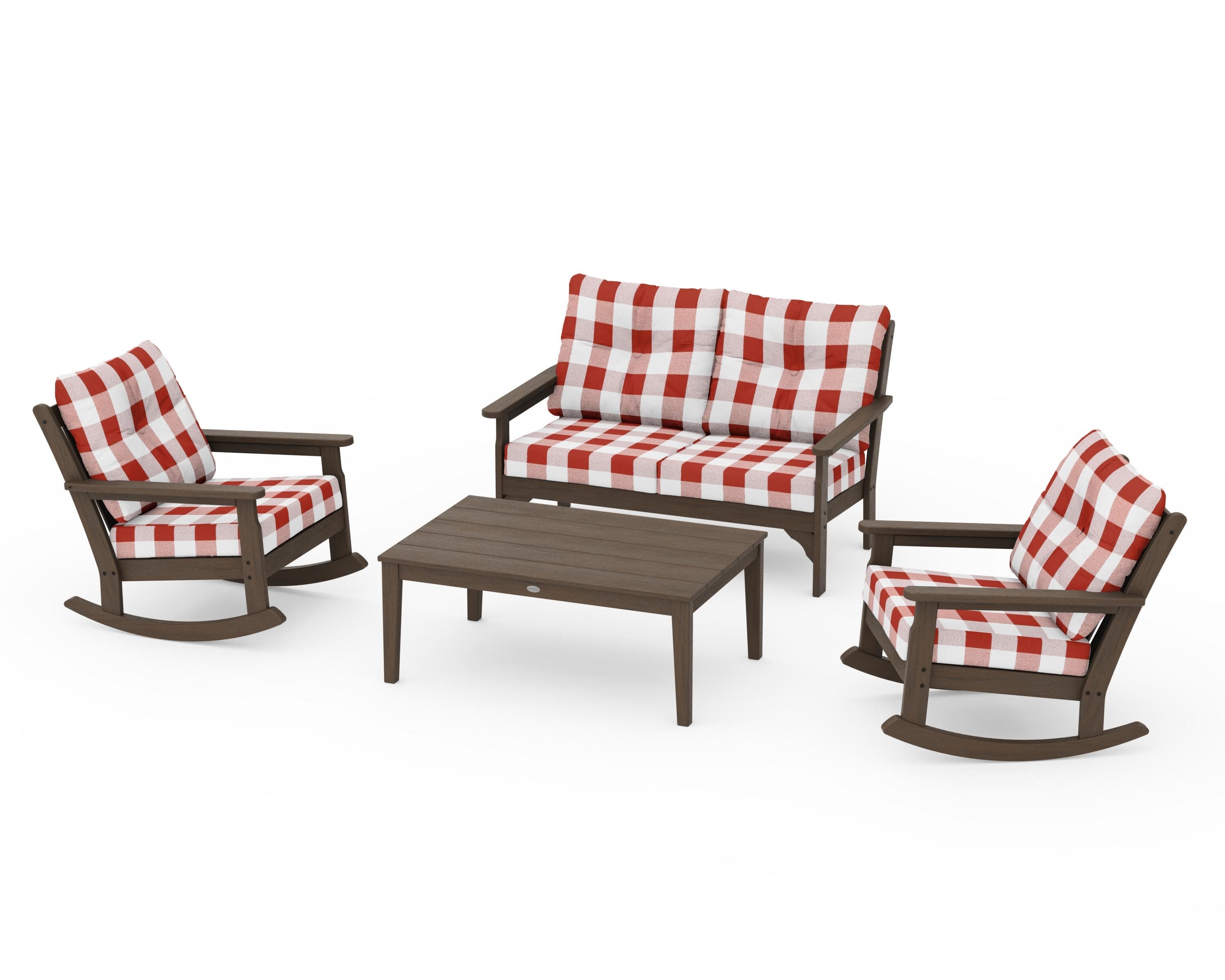 Vineyard 4-Piece Deep Seating Rocking Chair Set in Kona / Buffalo Plaid Crimson