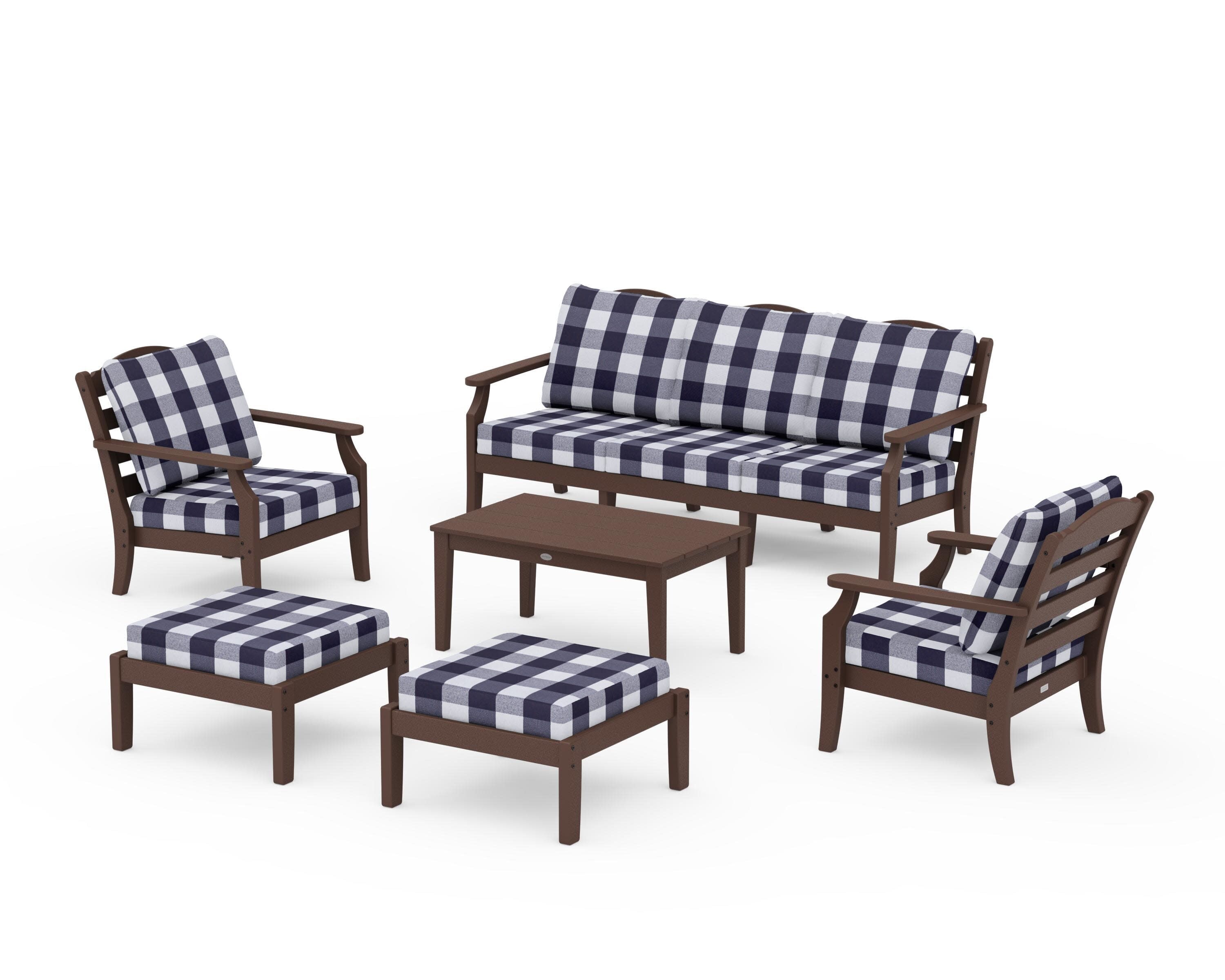Savannah 6-Piece Lounge Sofa Set in Mahogany / Buffalo Plaid Navy