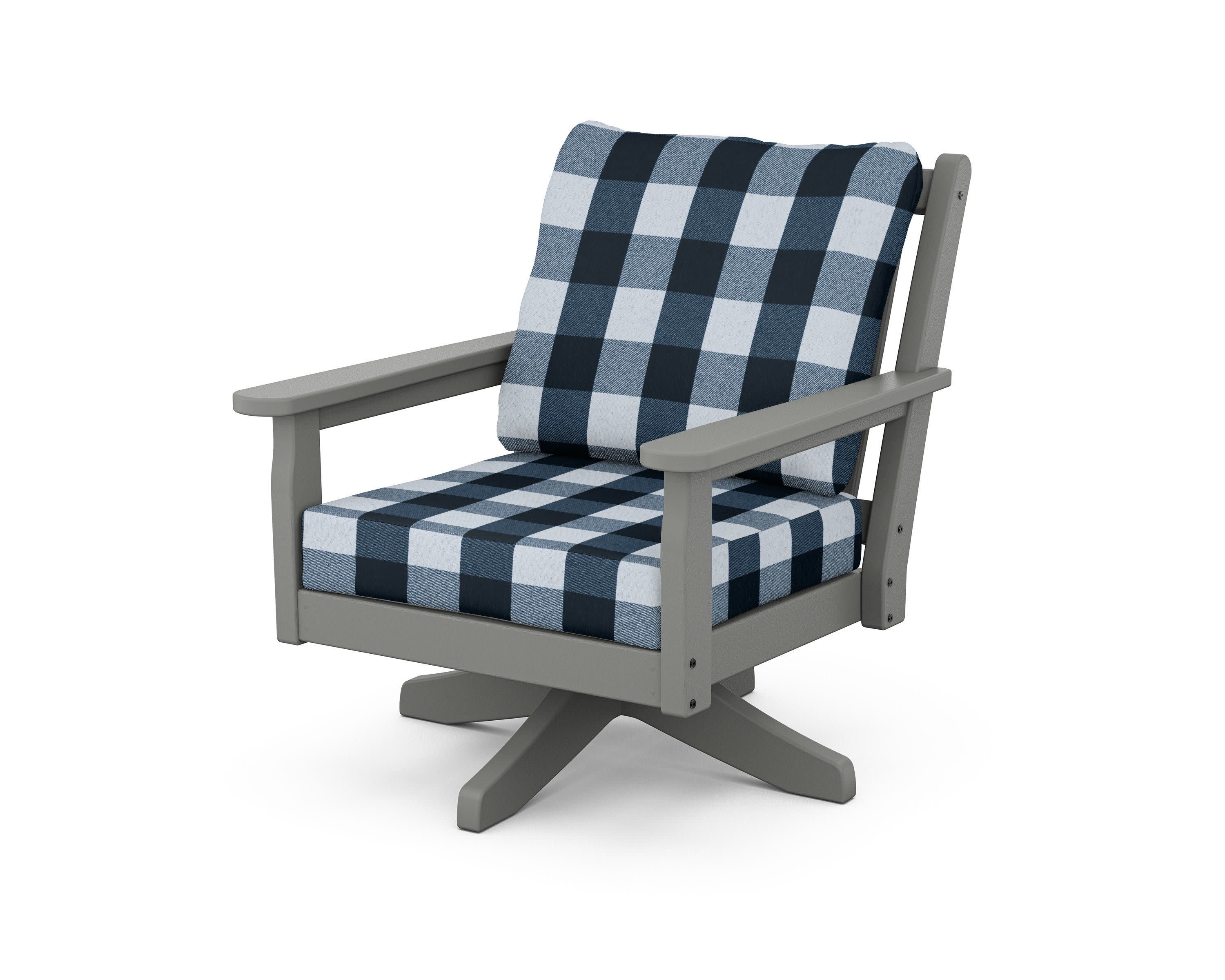 Chippendale Deep Seating Swivel Chair in Slate Grey / Buffalo Plaid Marine Indigo