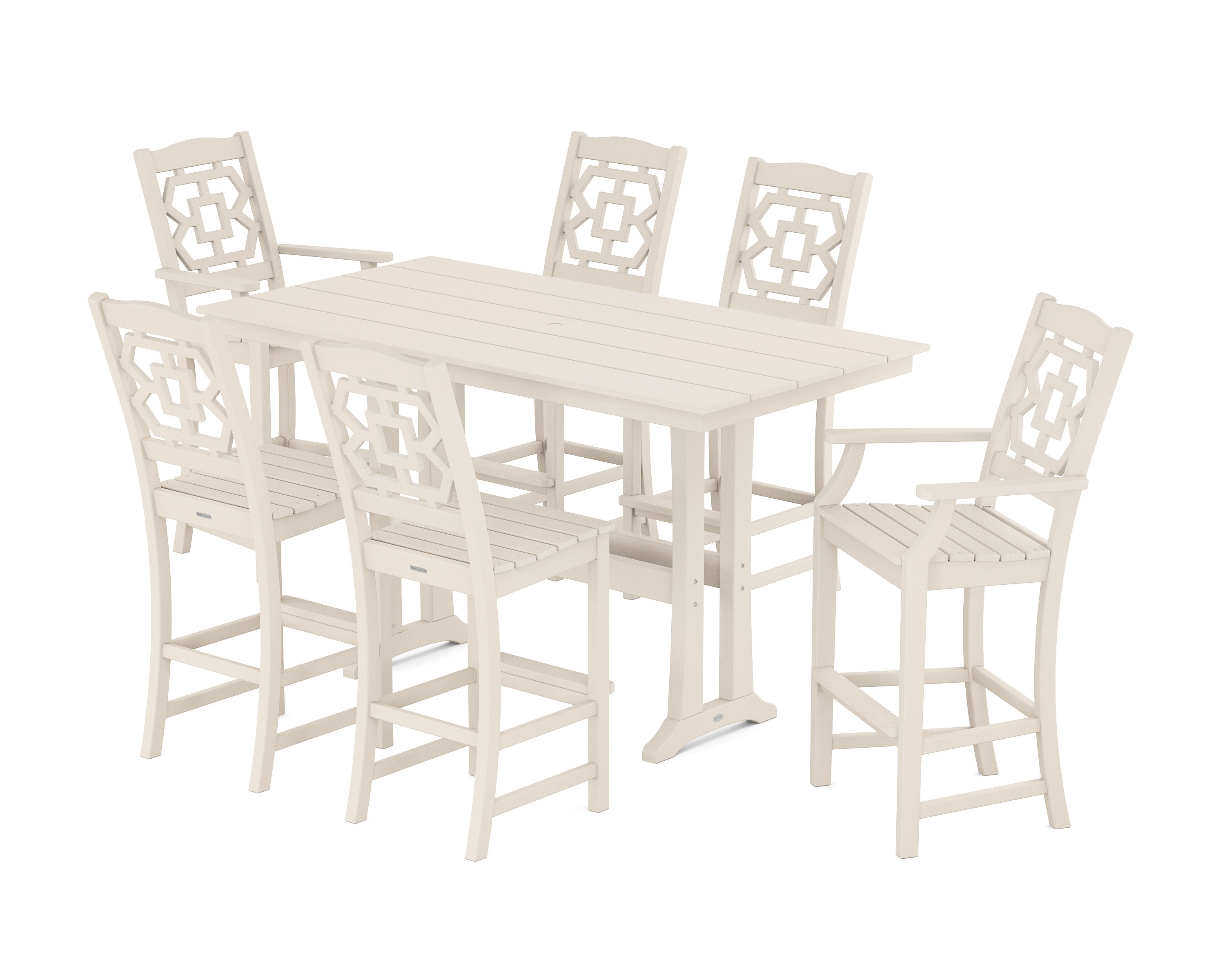 Chinoiserie 7-Piece Farmhouse Bar Set with Trestle Legs in Sand