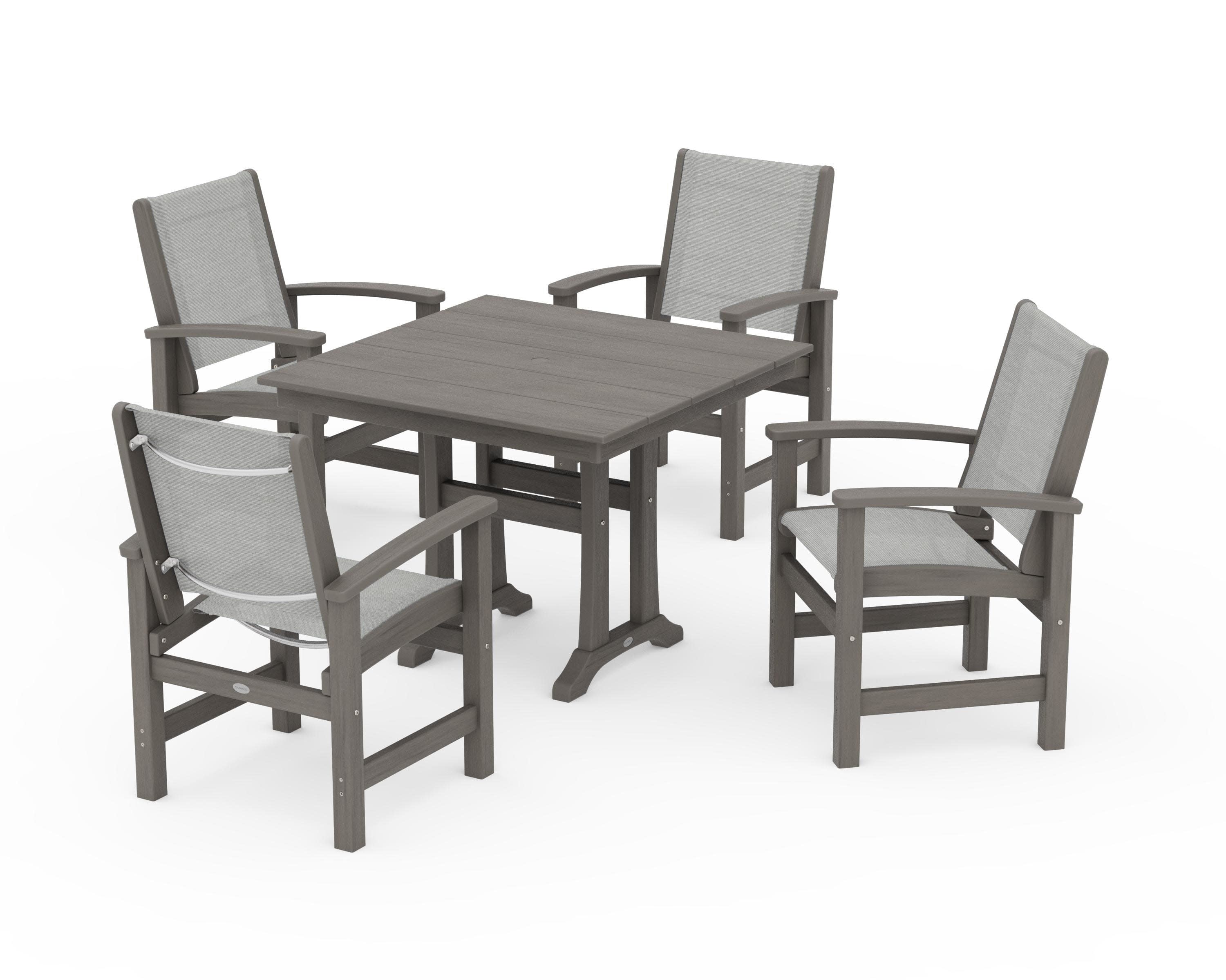 Coastal 5-Piece Farmhouse Dining Set With Trestle Legs in Driftwood / Metallic Sling