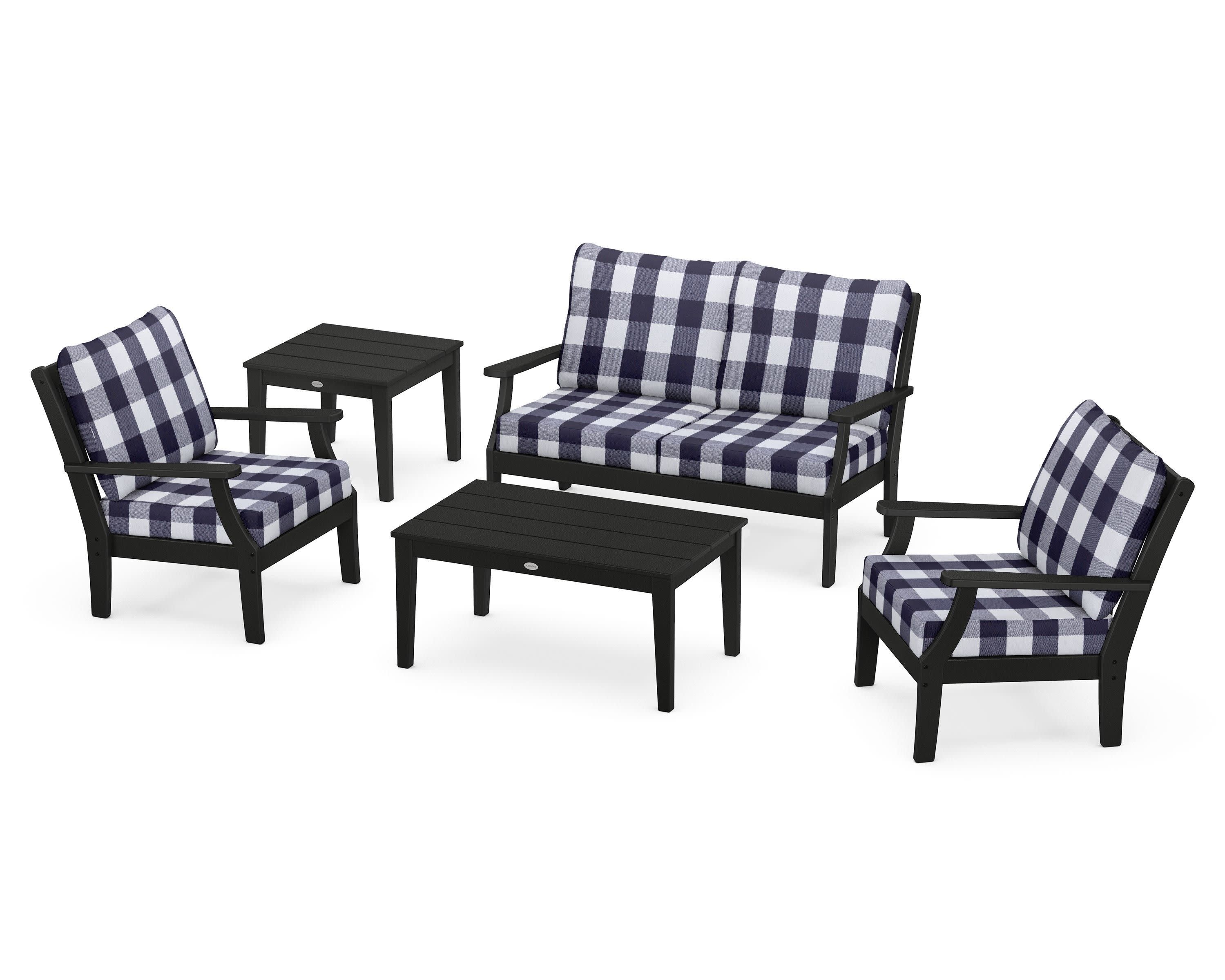 Braxton 5-Piece Deep Seating Set in Black / Buffalo Plaid Navy