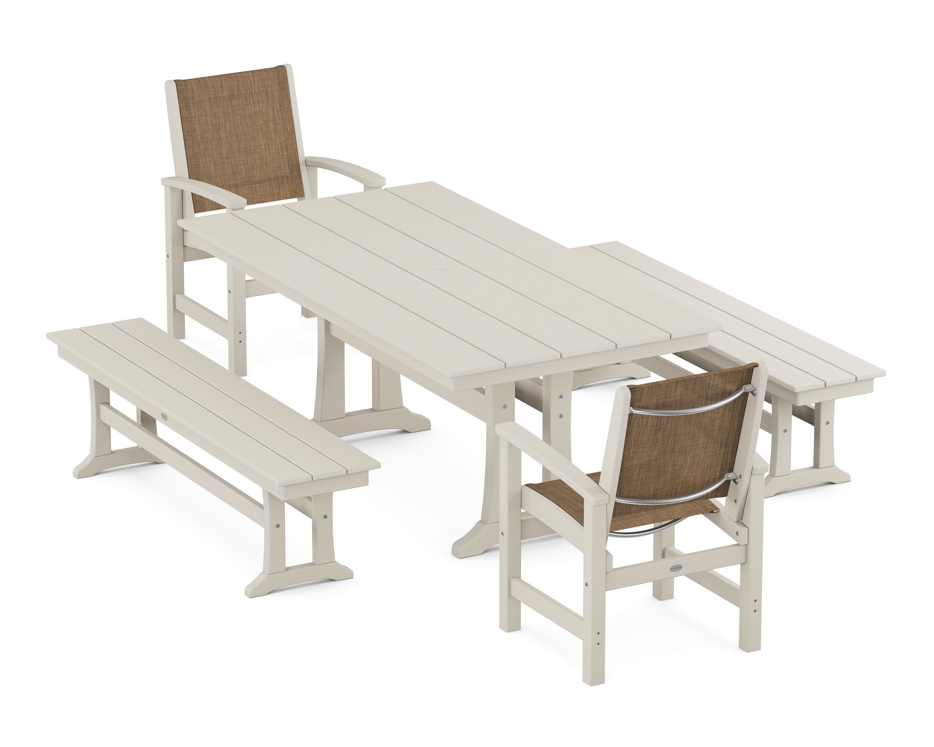 Coastal 5-Piece Farmhouse Dining Set with Trestle Legs and Benches in Sand / Burlap Sling