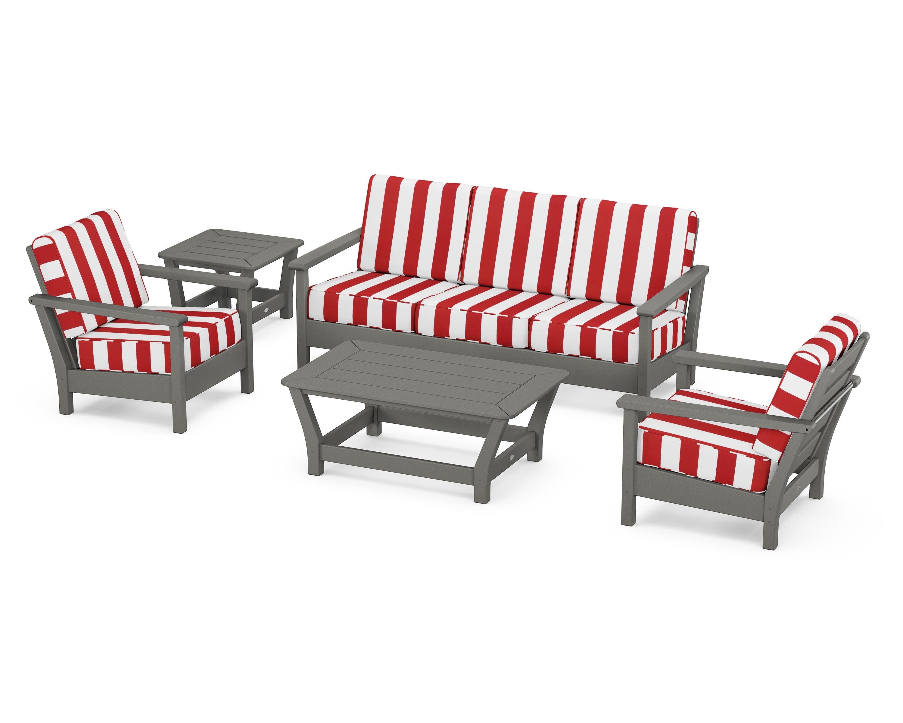 Harbour 5-Piece Deep Seating Set in Slate Grey / Cabana Stripe Crimson