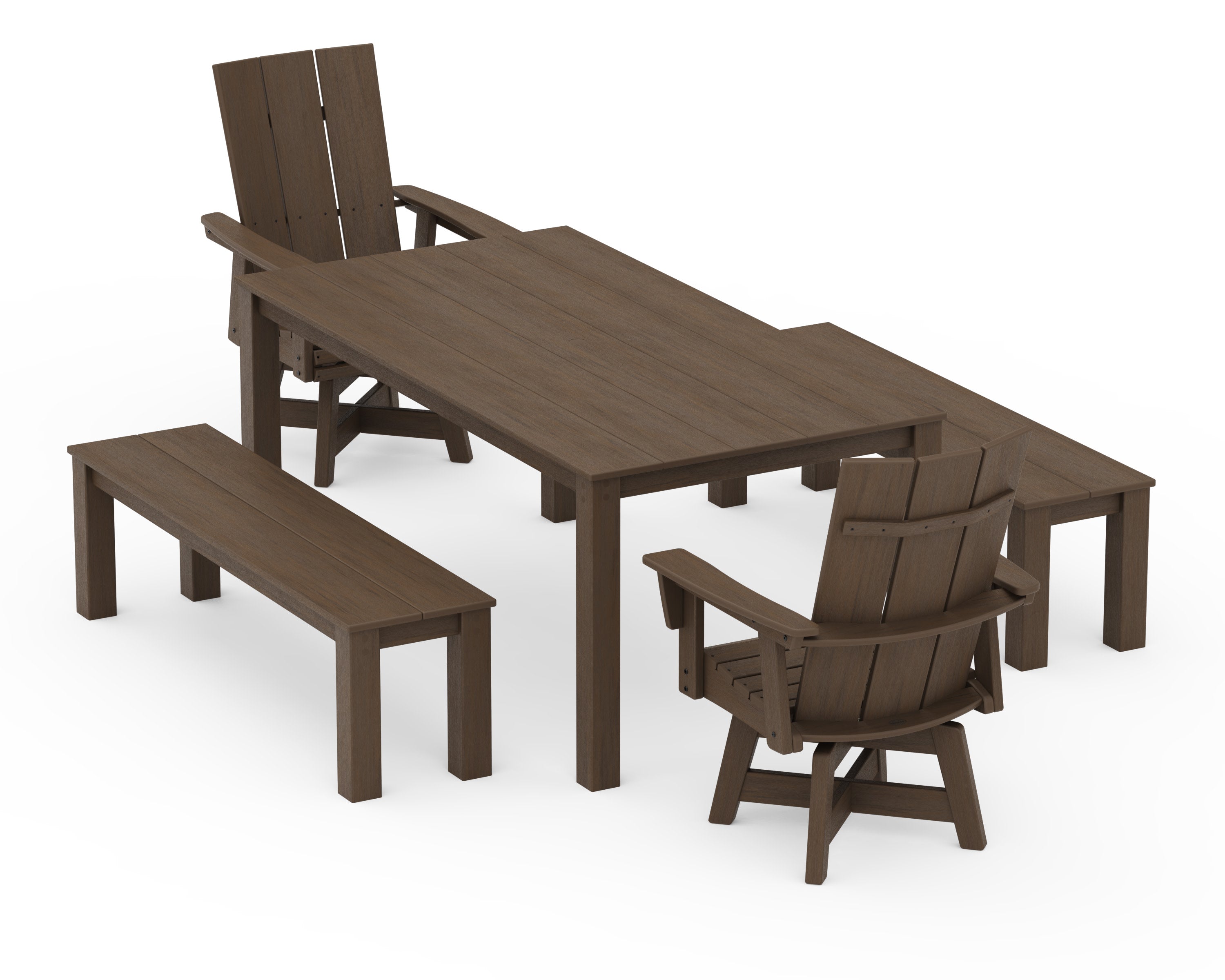 Modern Curveback Adirondack 5-Piece Parsons Swivel Dining Set with Benches in Kona