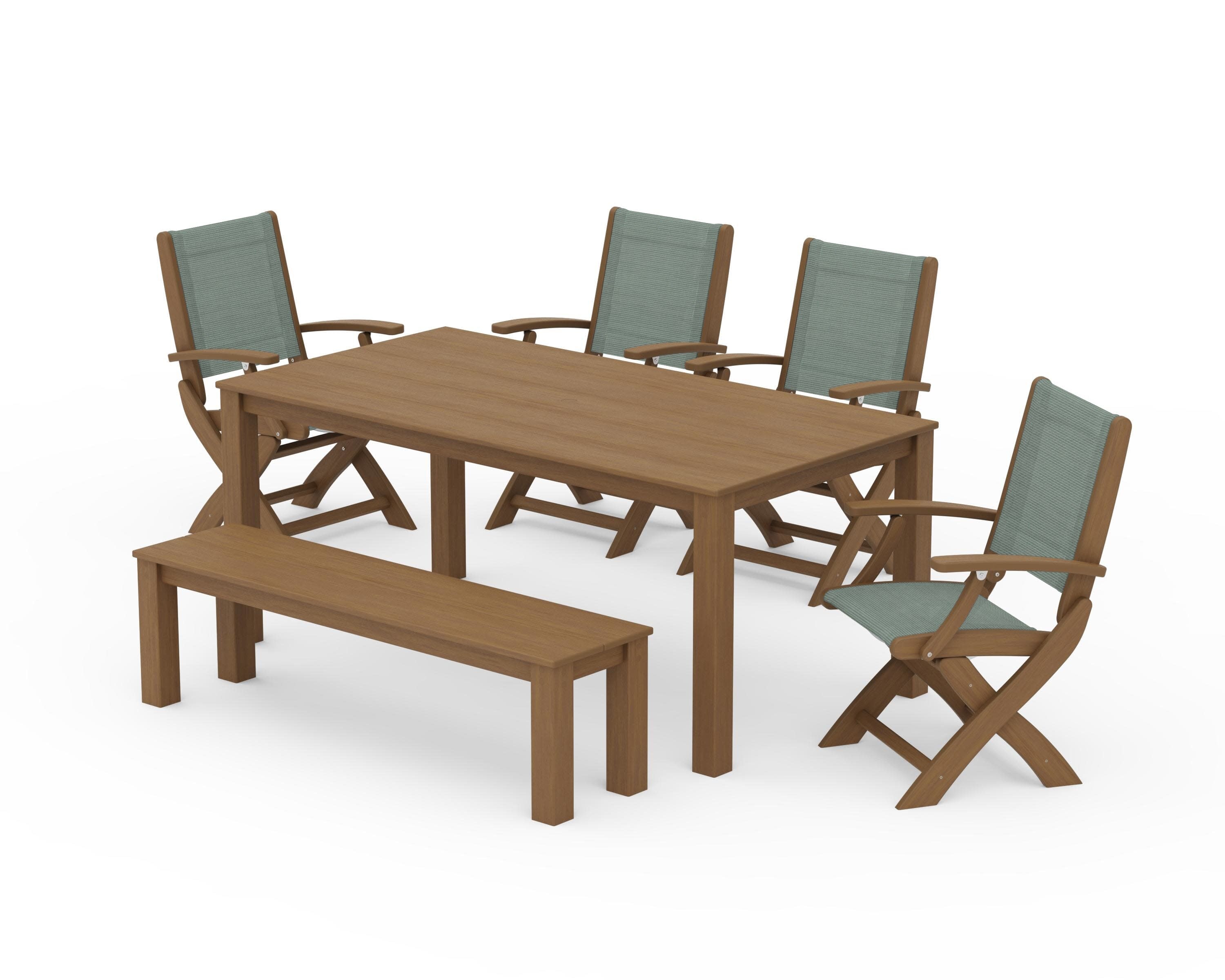 Coastal Folding Chair 6-Piece Parsons Dining Set with Bench in Natural / Dupioni Sea Mist Sling