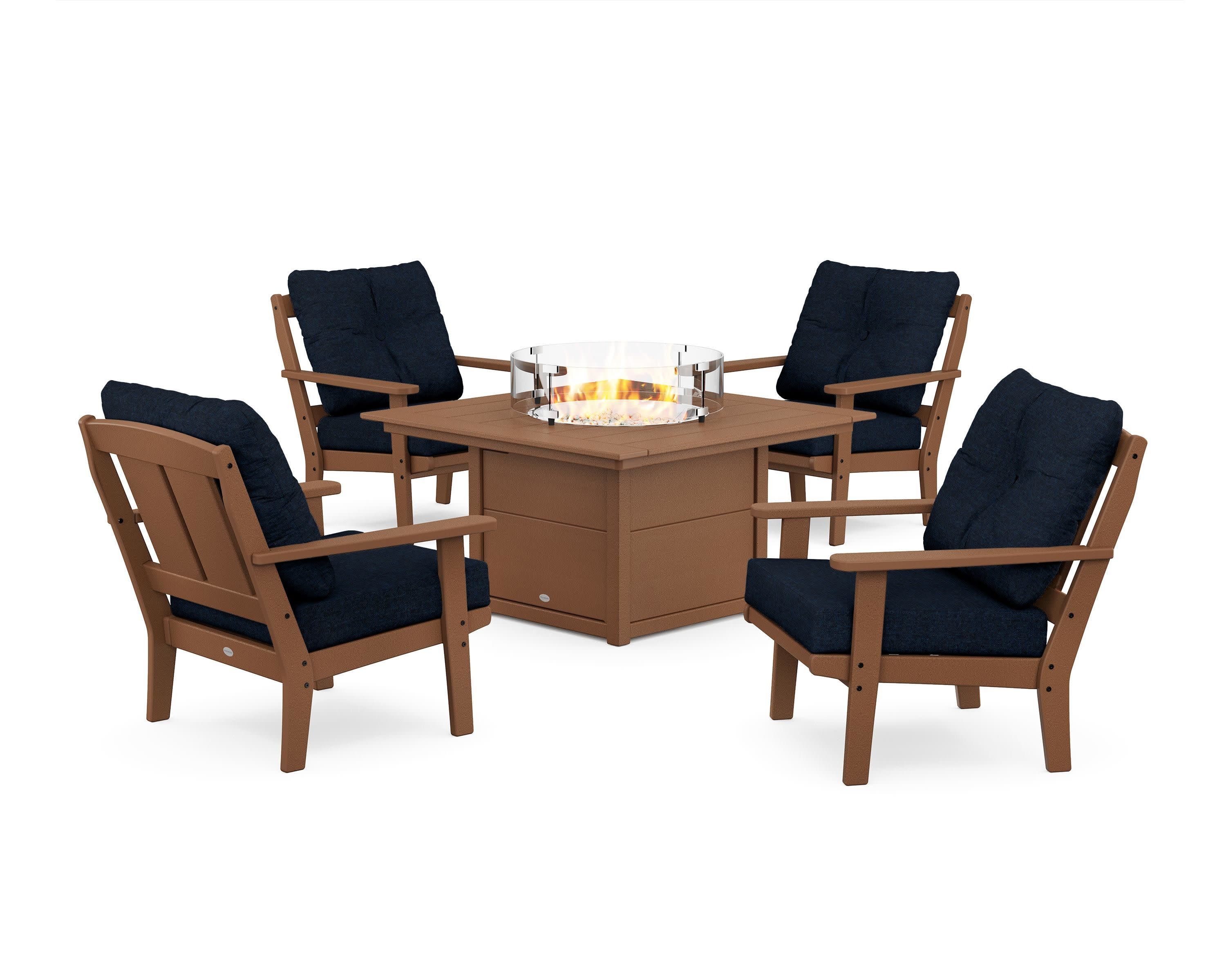 Mission 5-Piece Deep Seating Set with Fire Pit Table in Teak / Marine Indigo