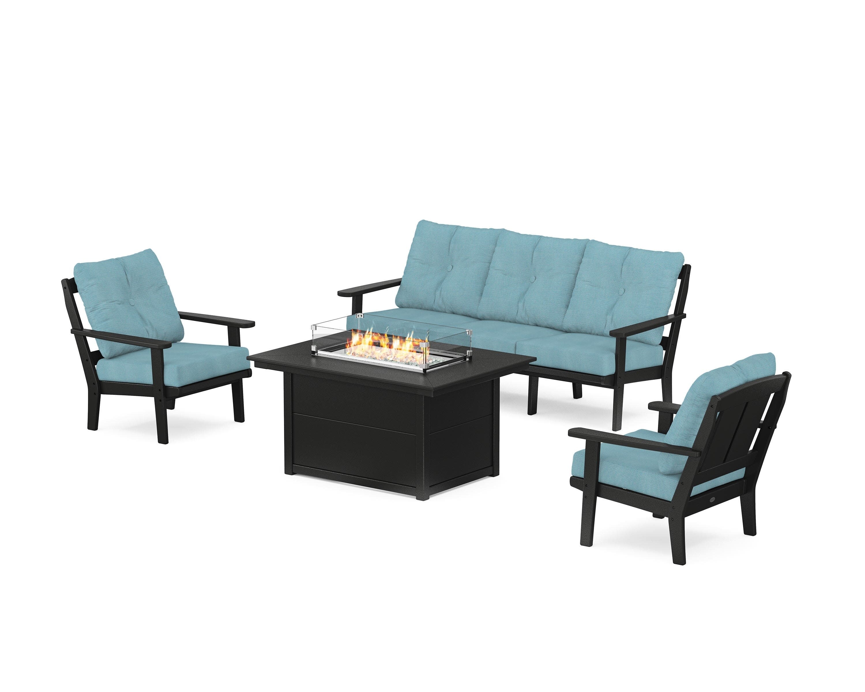 Mission Deep Seating Fire Pit Table Set in Black / Lattice Sky Blue
