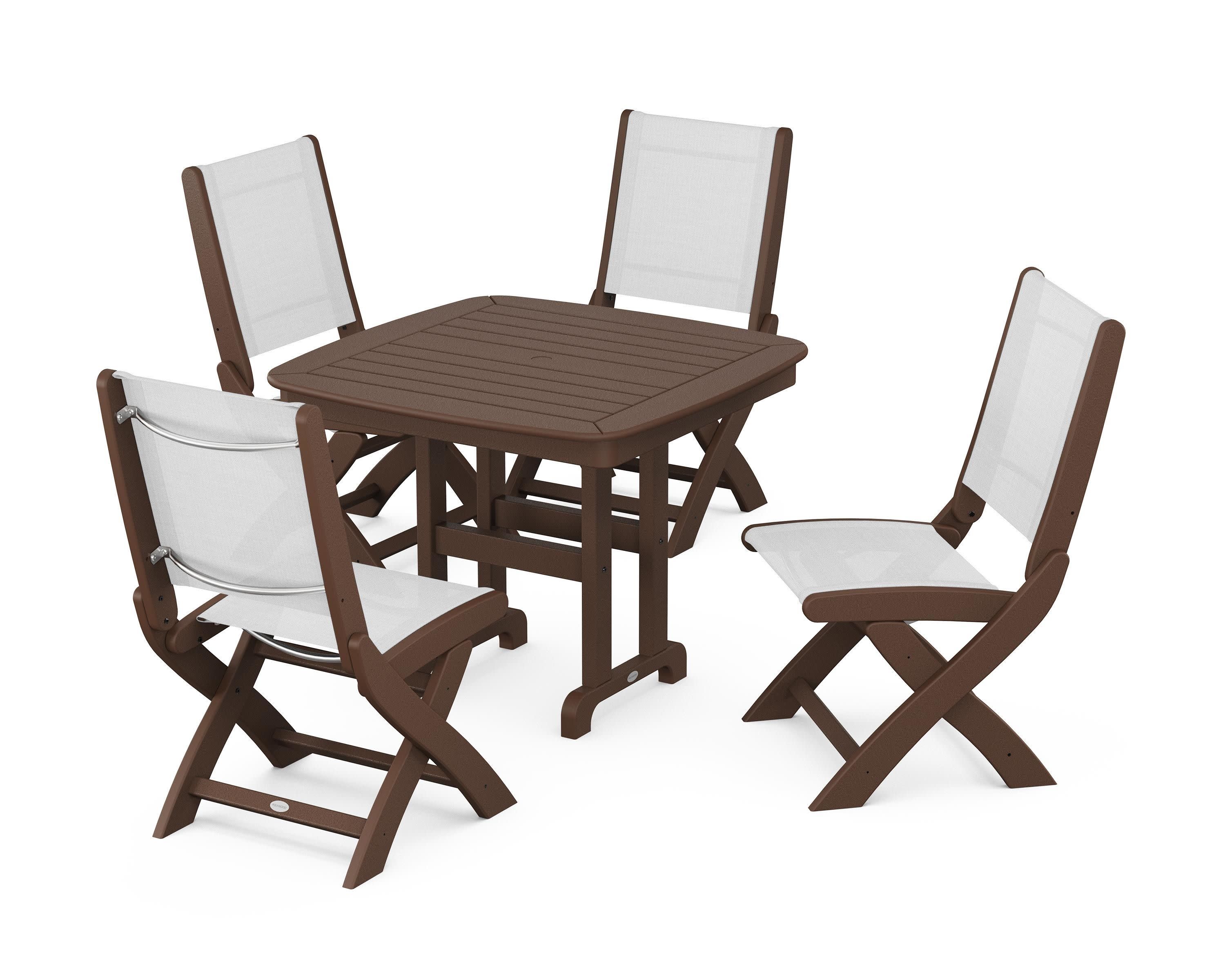 Coastal Folding Side Chair 5-Piece Dining Set in Mahogany / White Sling